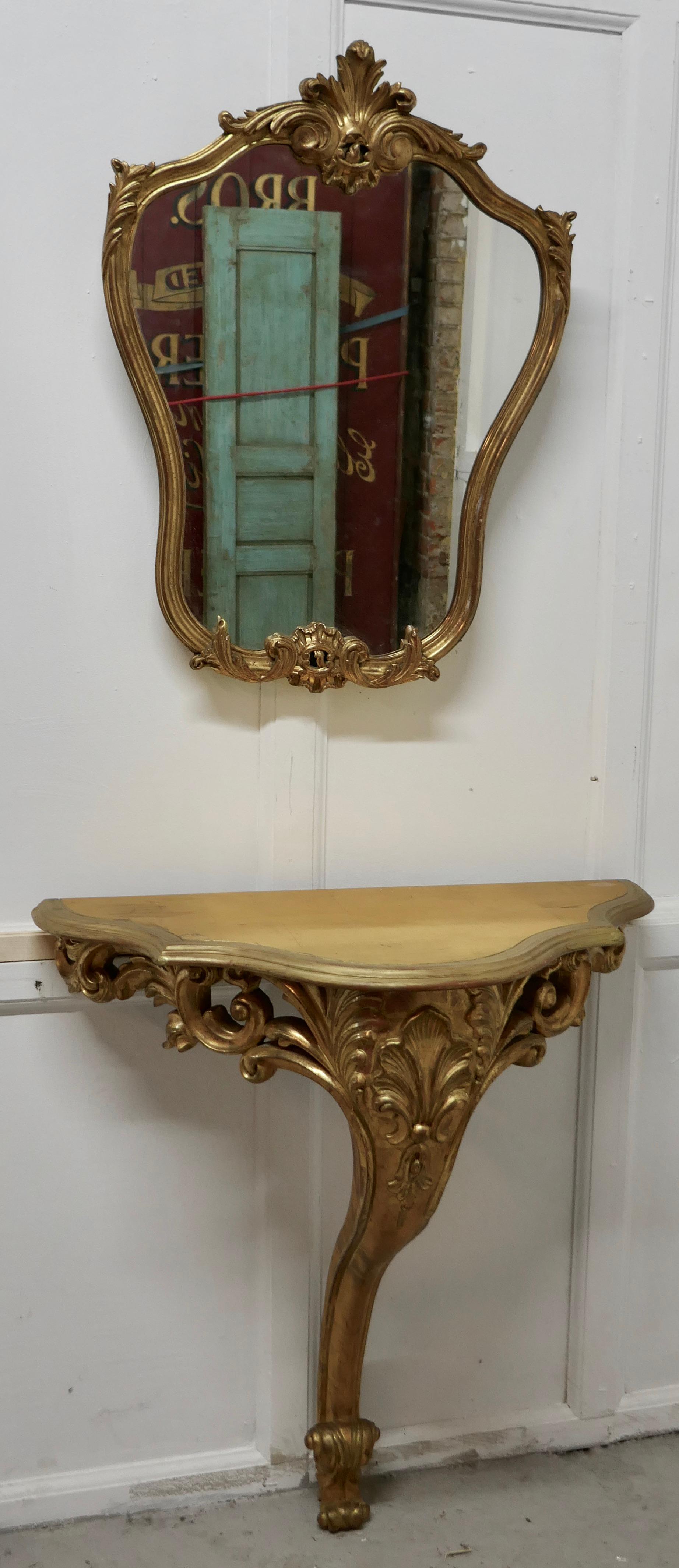 19th Century French Gilt Console or Hall Table and Matching Mirror Set For Sale 2