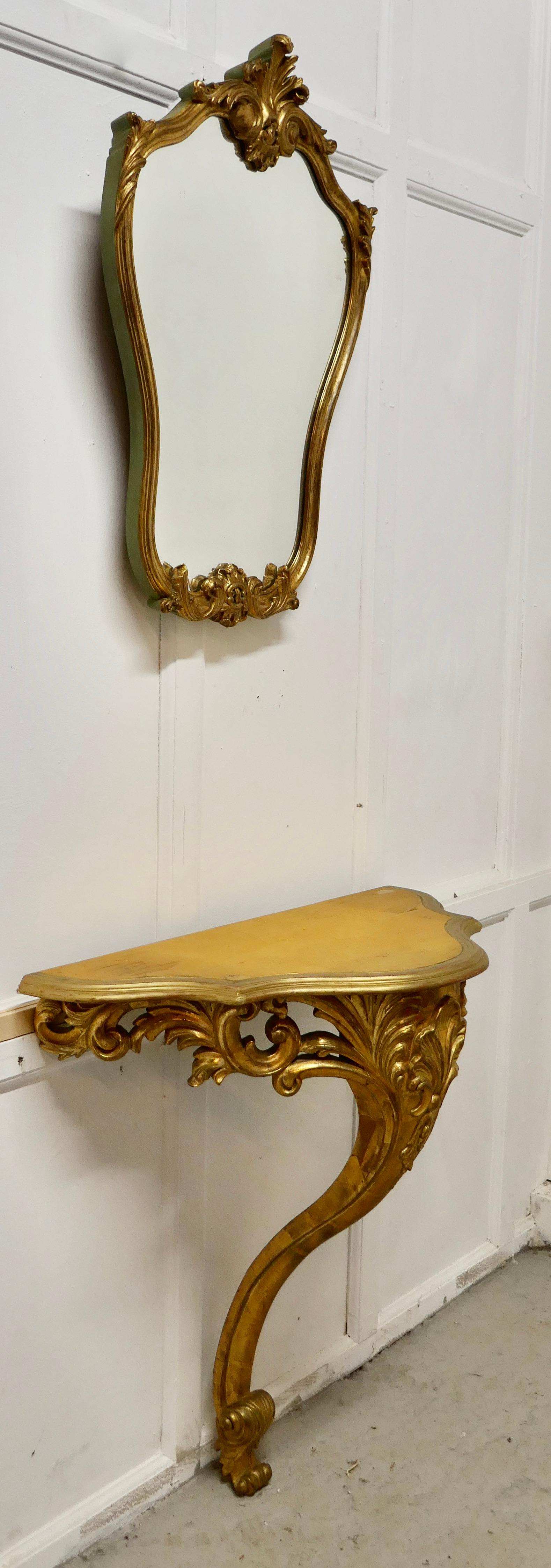 Giltwood 19th Century French Gilt Console or Hall Table and Matching Mirror Set For Sale