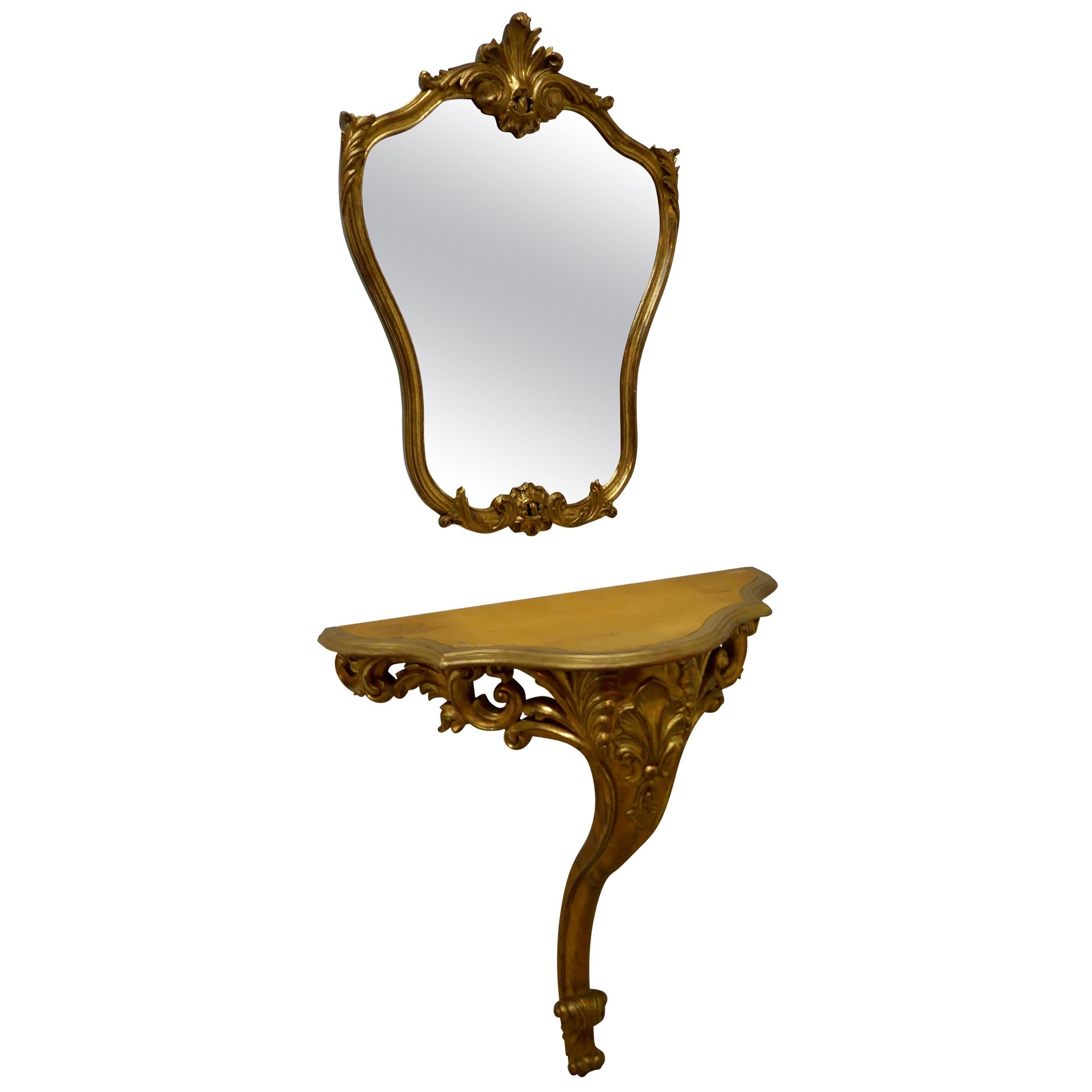 19th Century French Gilt Console or Hall Table and Matching Mirror Set