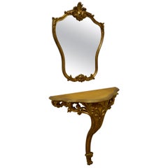 Antique 19th Century French Gilt Console or Hall Table and Matching Mirror Set