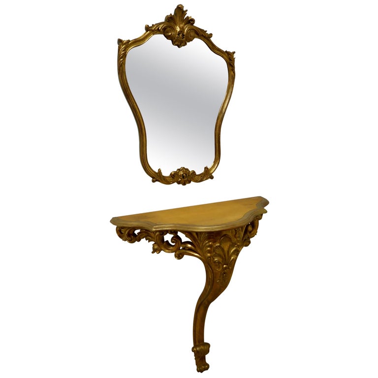 19th Century French Gilt Console or Hall Table and Matching Mirror Set For Sale