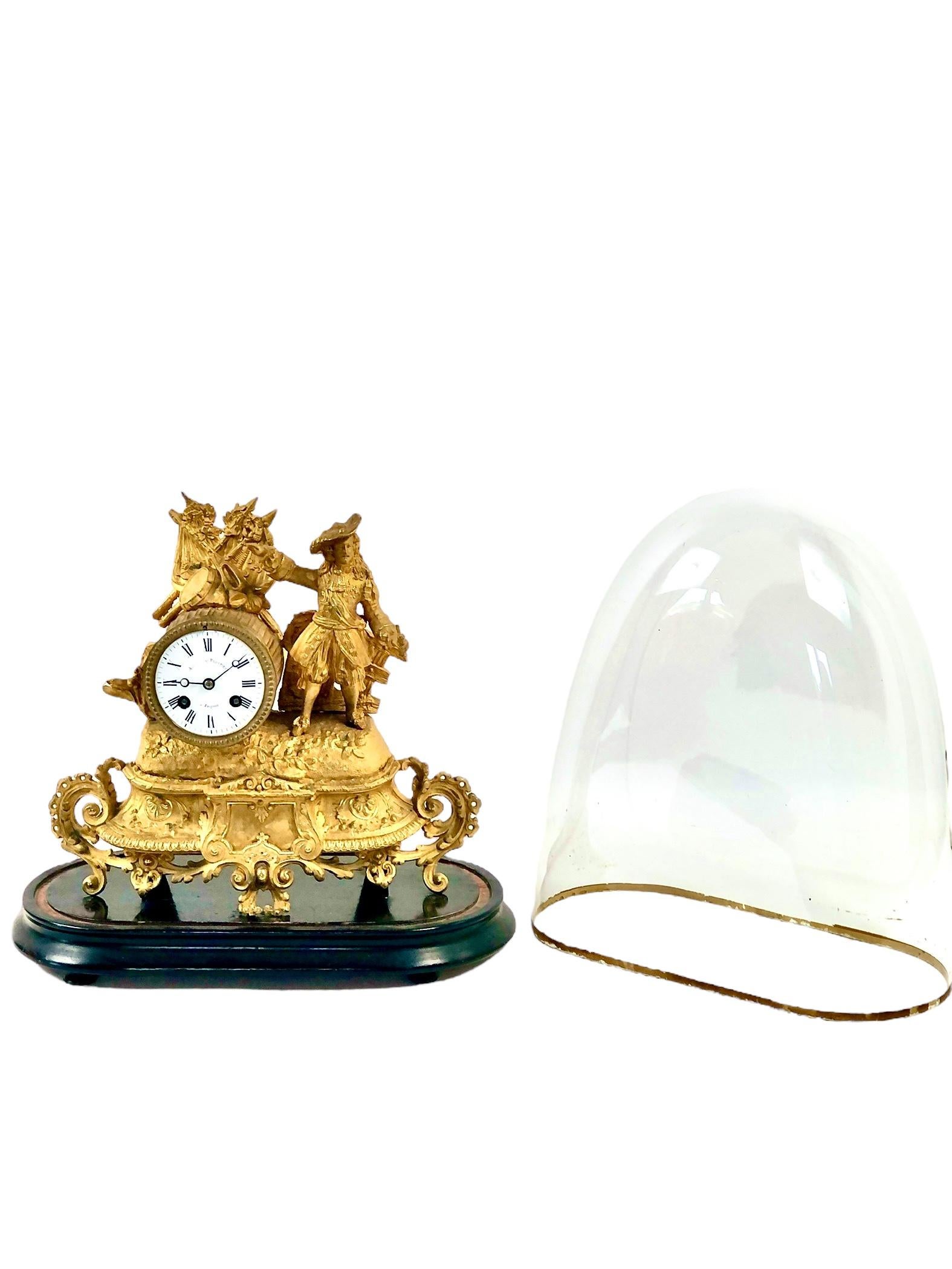 Napoleon III 19th century French Gilt Mantel Clock under Glass Dome