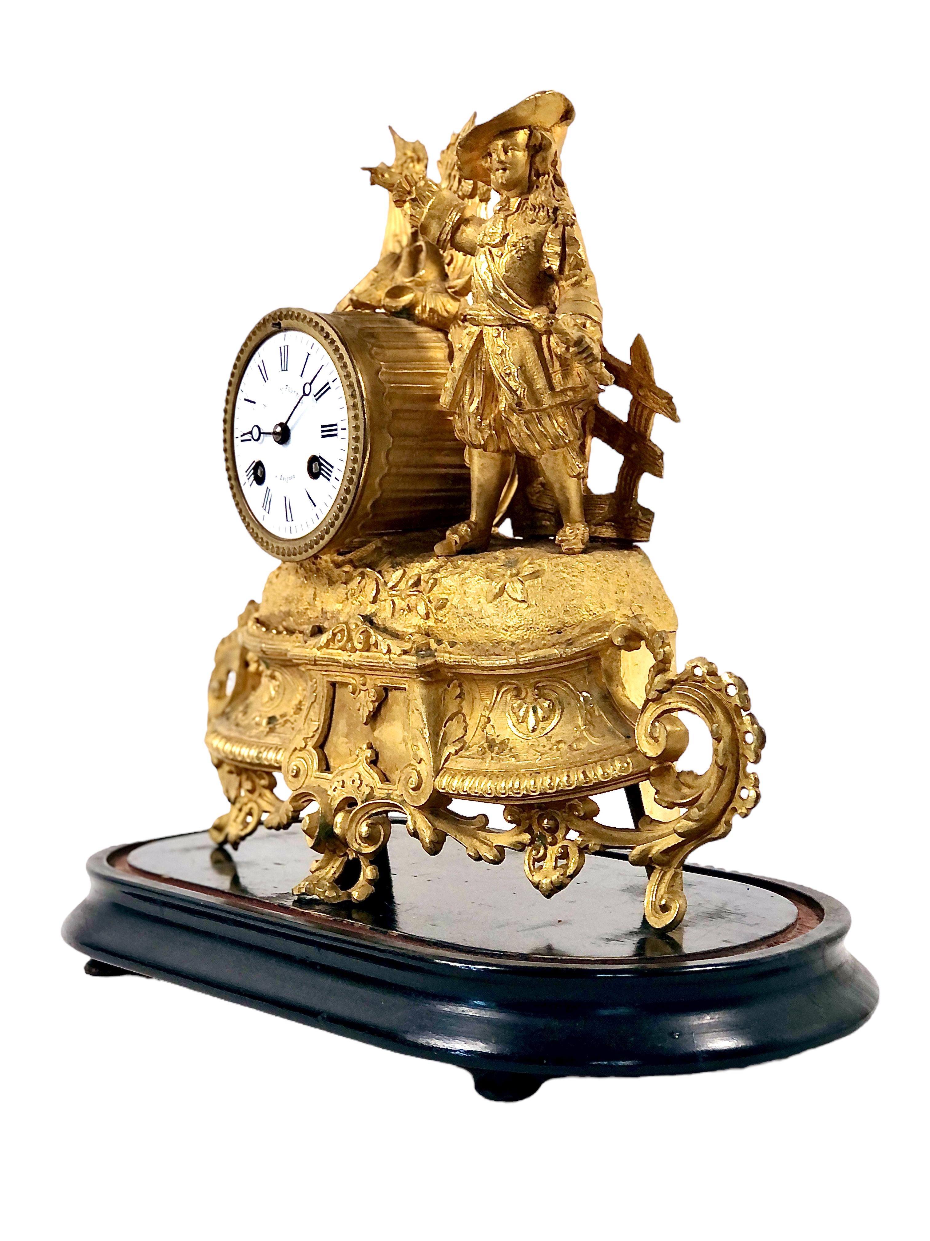 19th Century 19th century French Gilt Mantel Clock under Glass Dome