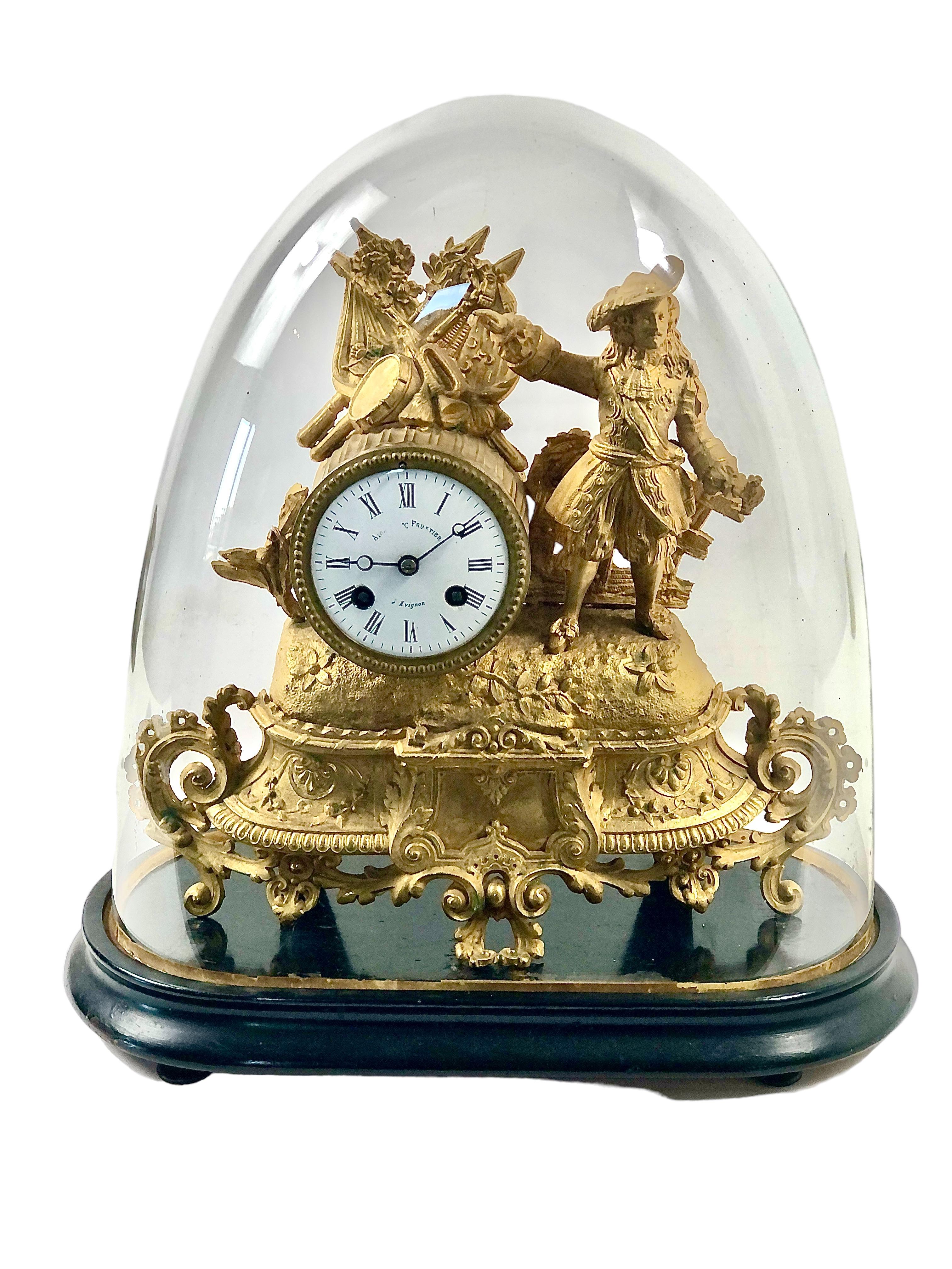 19th century French Gilt Mantel Clock under Glass Dome 1