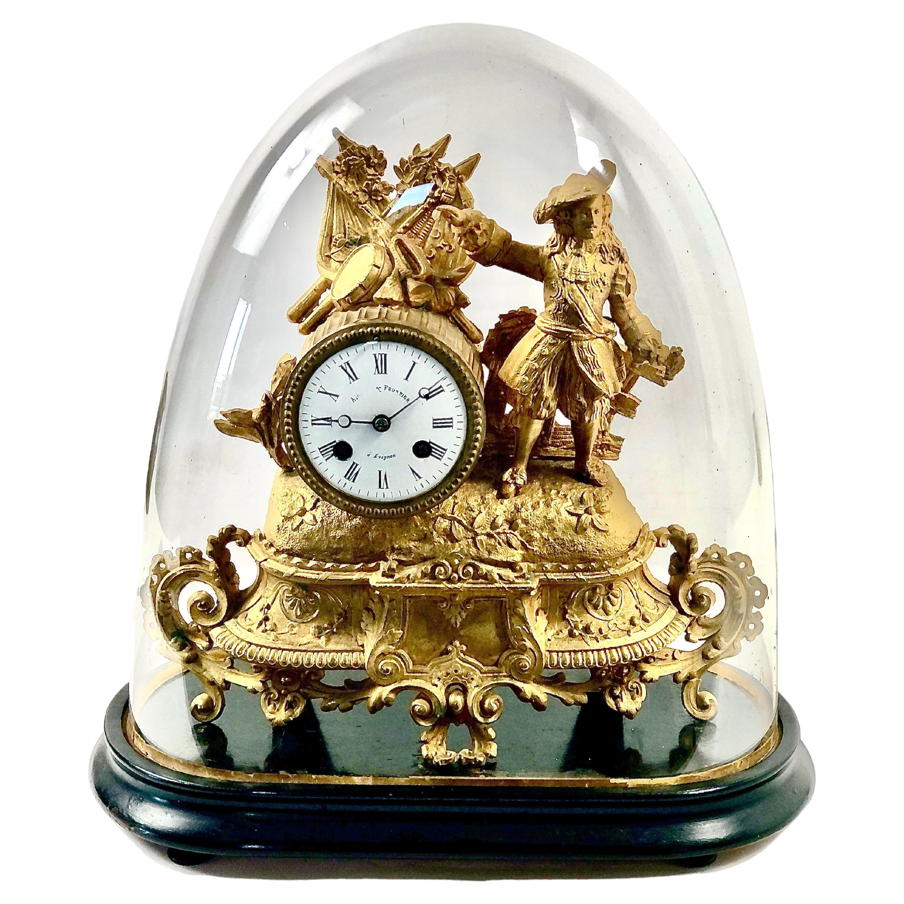 19th century French Gilt Mantel Clock under Glass Dome