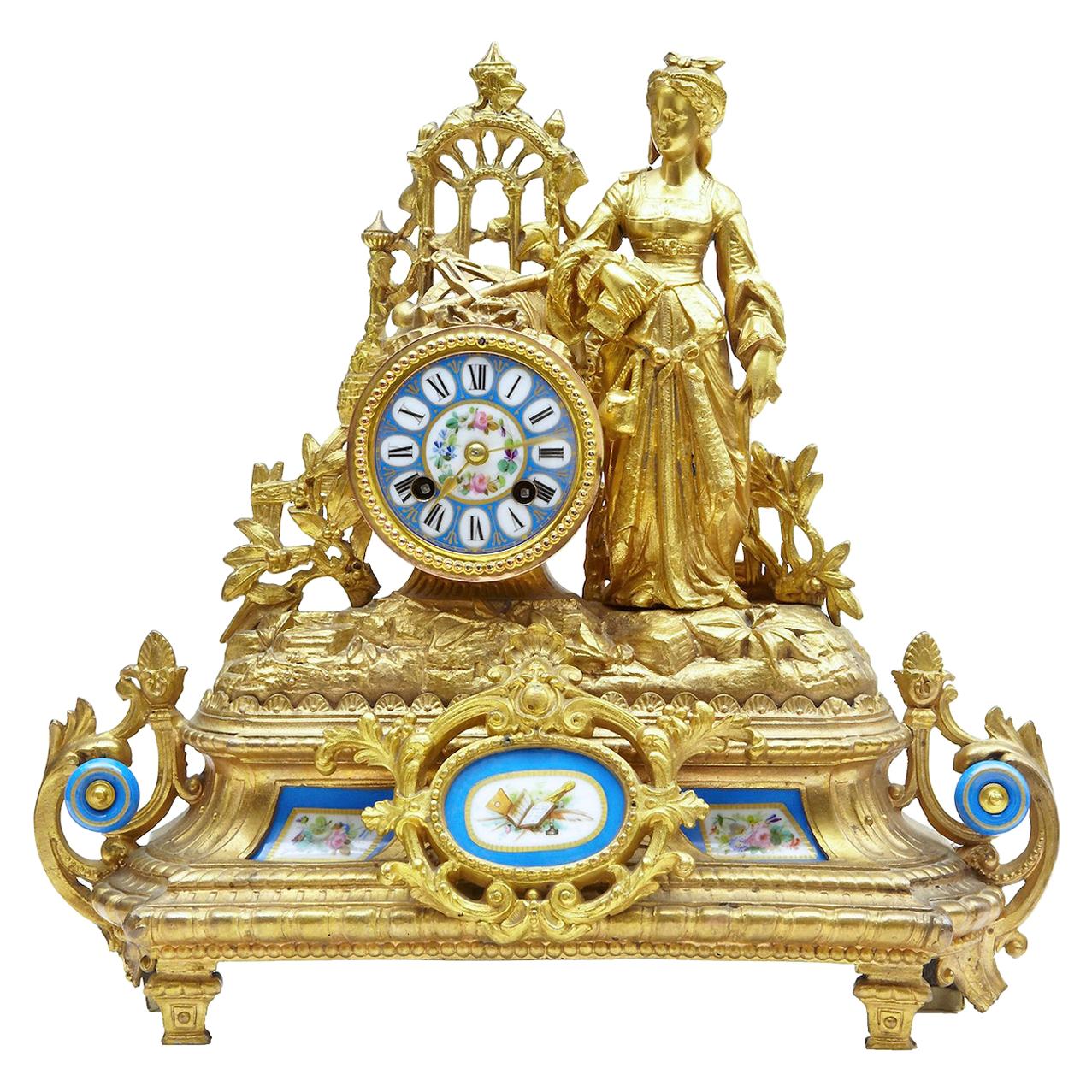 19th Century French Gilt Mantel Clock with Sèvres Plaques