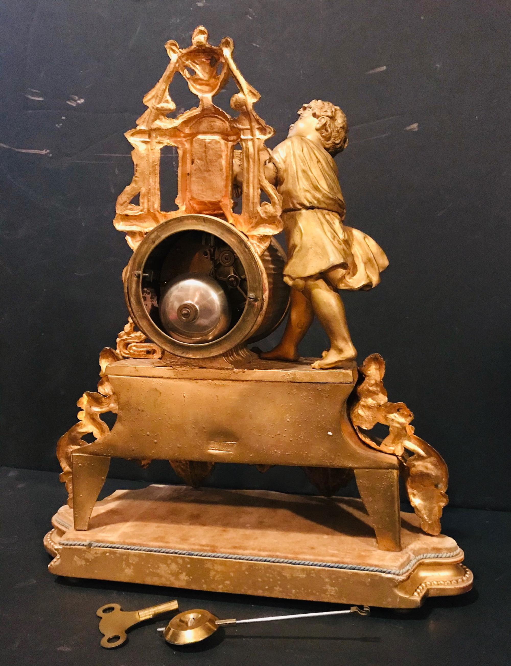 19th Century French Gilt Mantel Clock with Wood Base, Girl with Bird 7
