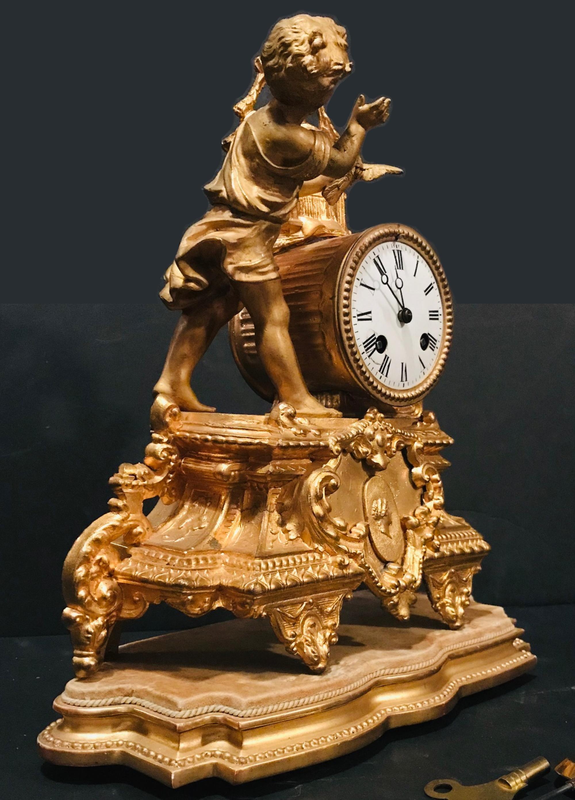 Napoleon III 19th Century French Gilt Mantel Clock with Wood Base, Girl with Bird