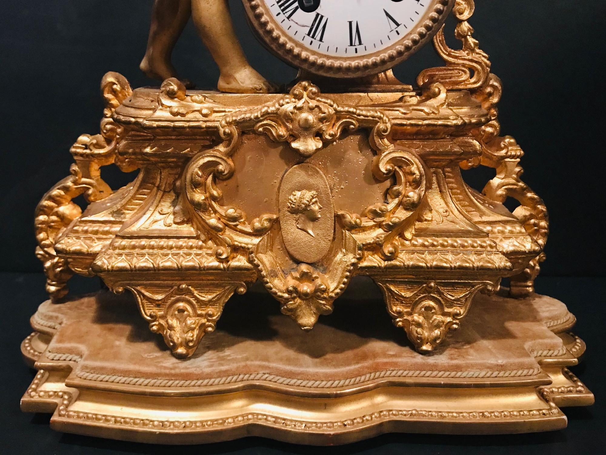 19th Century French Gilt Mantel Clock with Wood Base, Girl with Bird In Good Condition In Vero Beach, FL