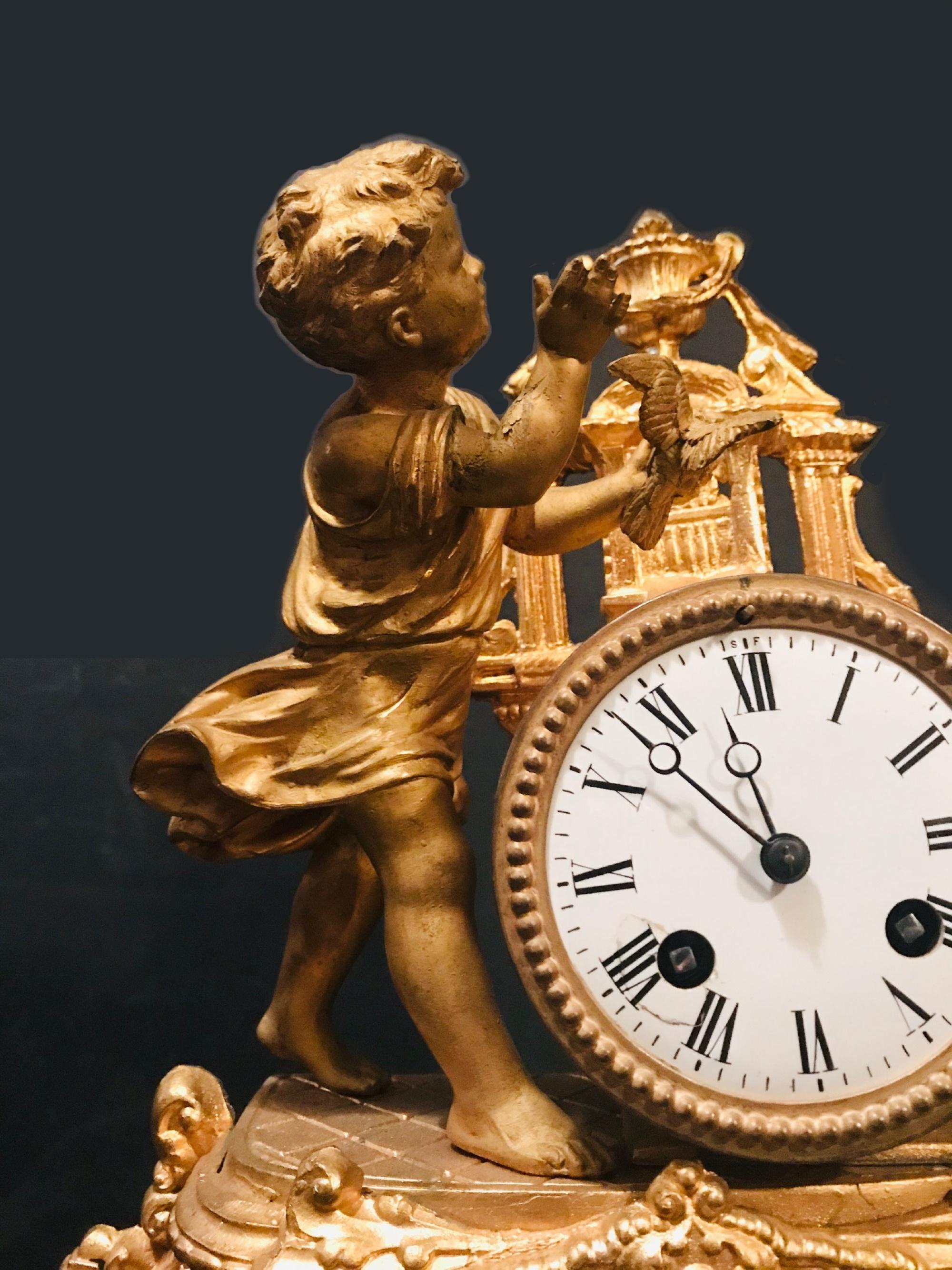 Spelter 19th Century French Gilt Mantel Clock with Wood Base, Girl with Bird