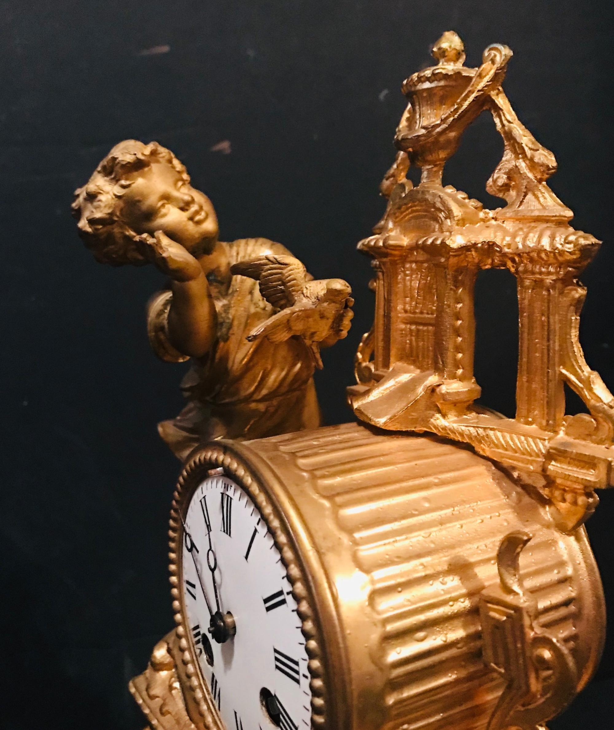 19th Century French Gilt Mantel Clock with Wood Base, Girl with Bird 1