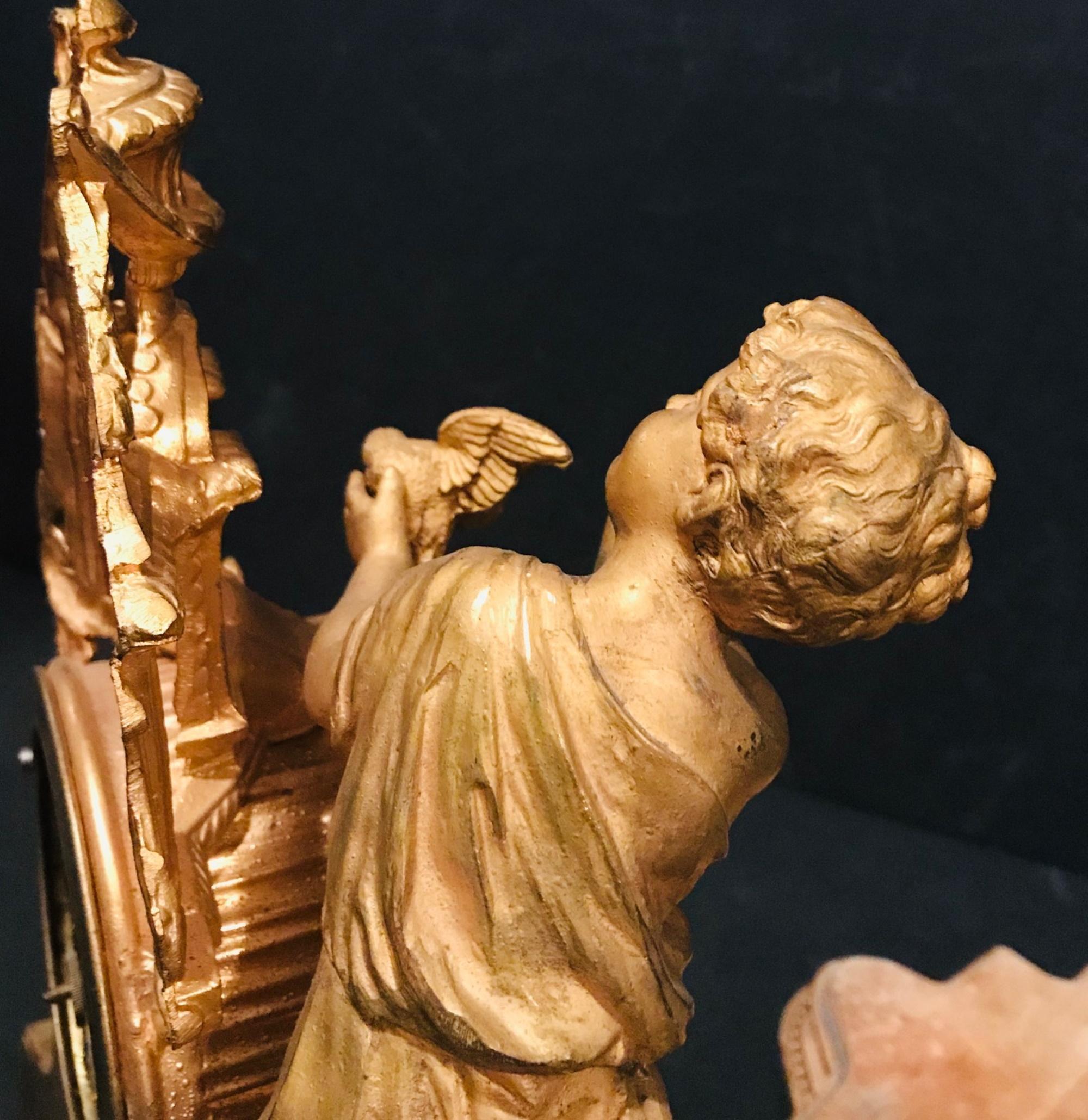 19th Century French Gilt Mantel Clock with Wood Base, Girl with Bird 2