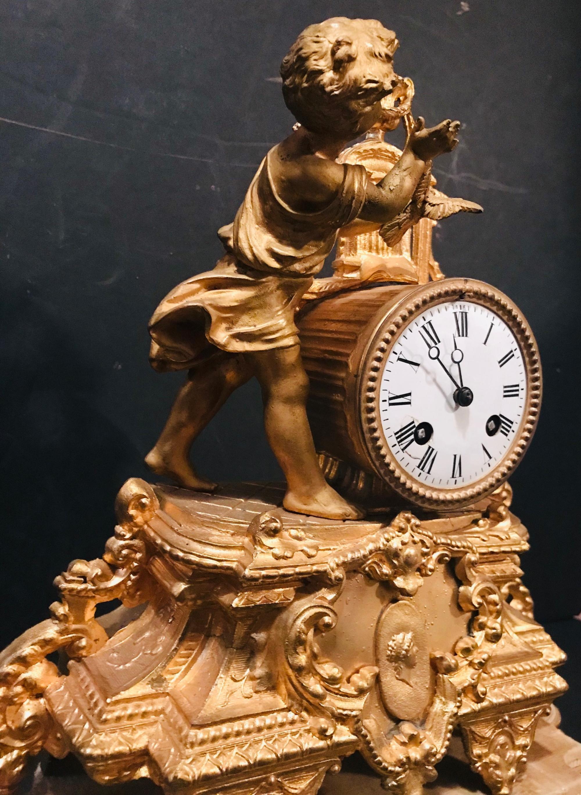 19th Century French Gilt Mantel Clock with Wood Base, Girl with Bird 3