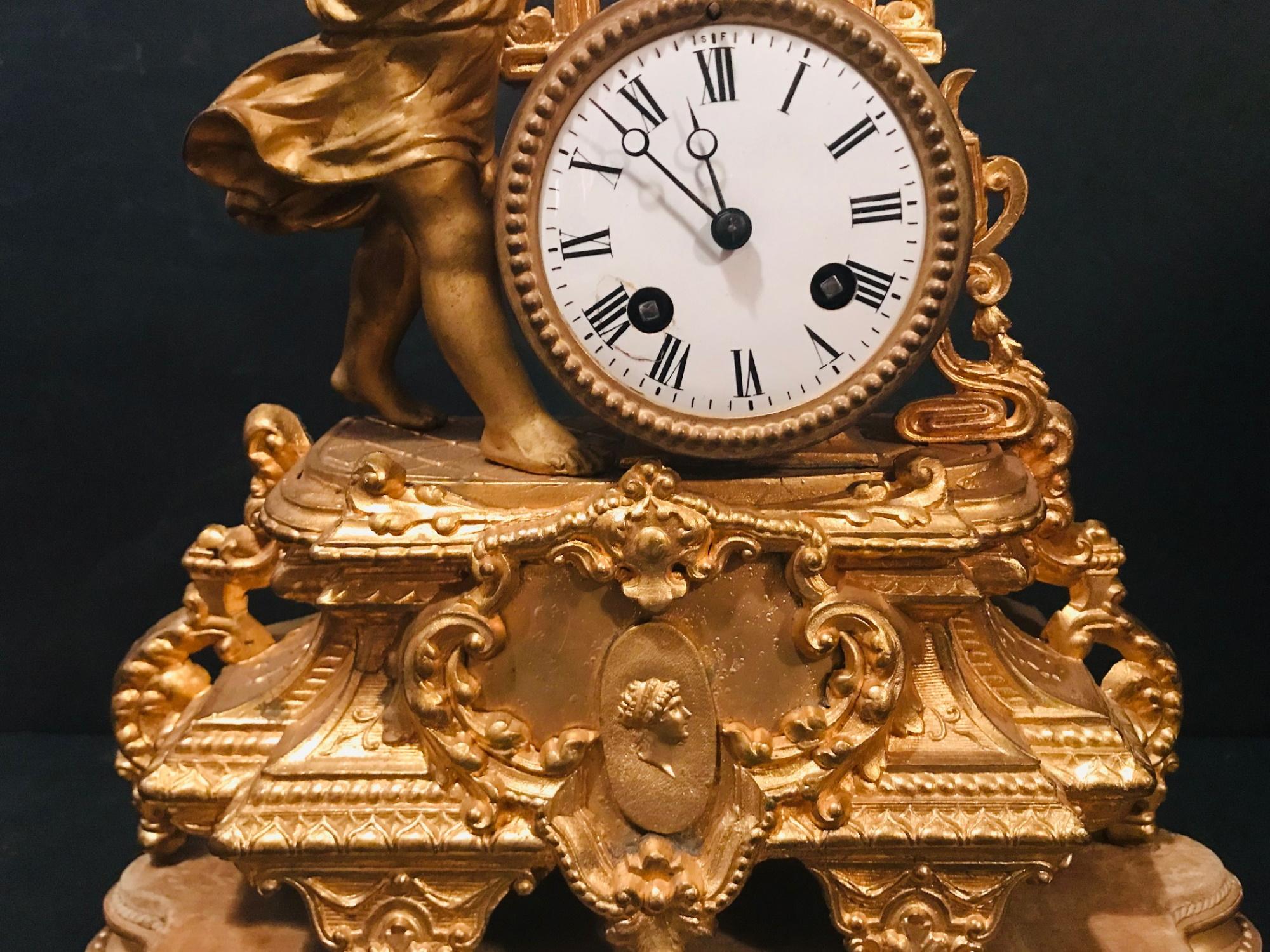 19th Century French Gilt Mantel Clock with Wood Base, Girl with Bird 4