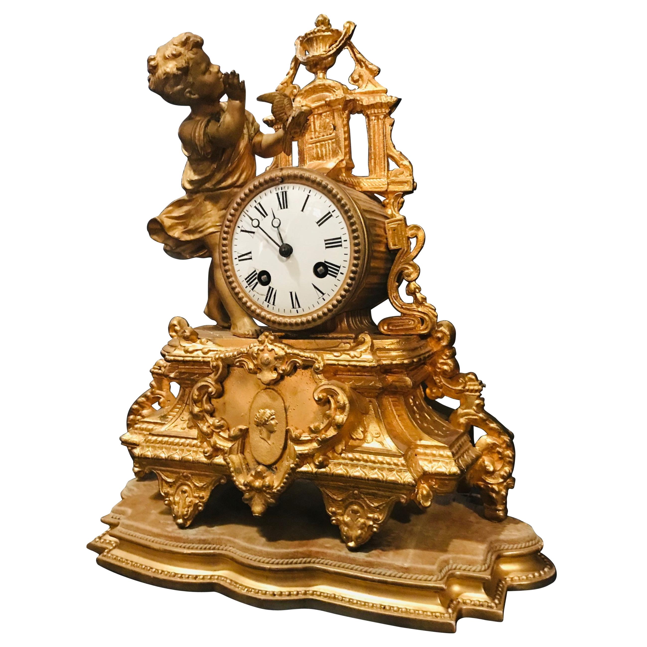 19th Century French Gilt Mantel Clock with Wood Base, Girl with Bird