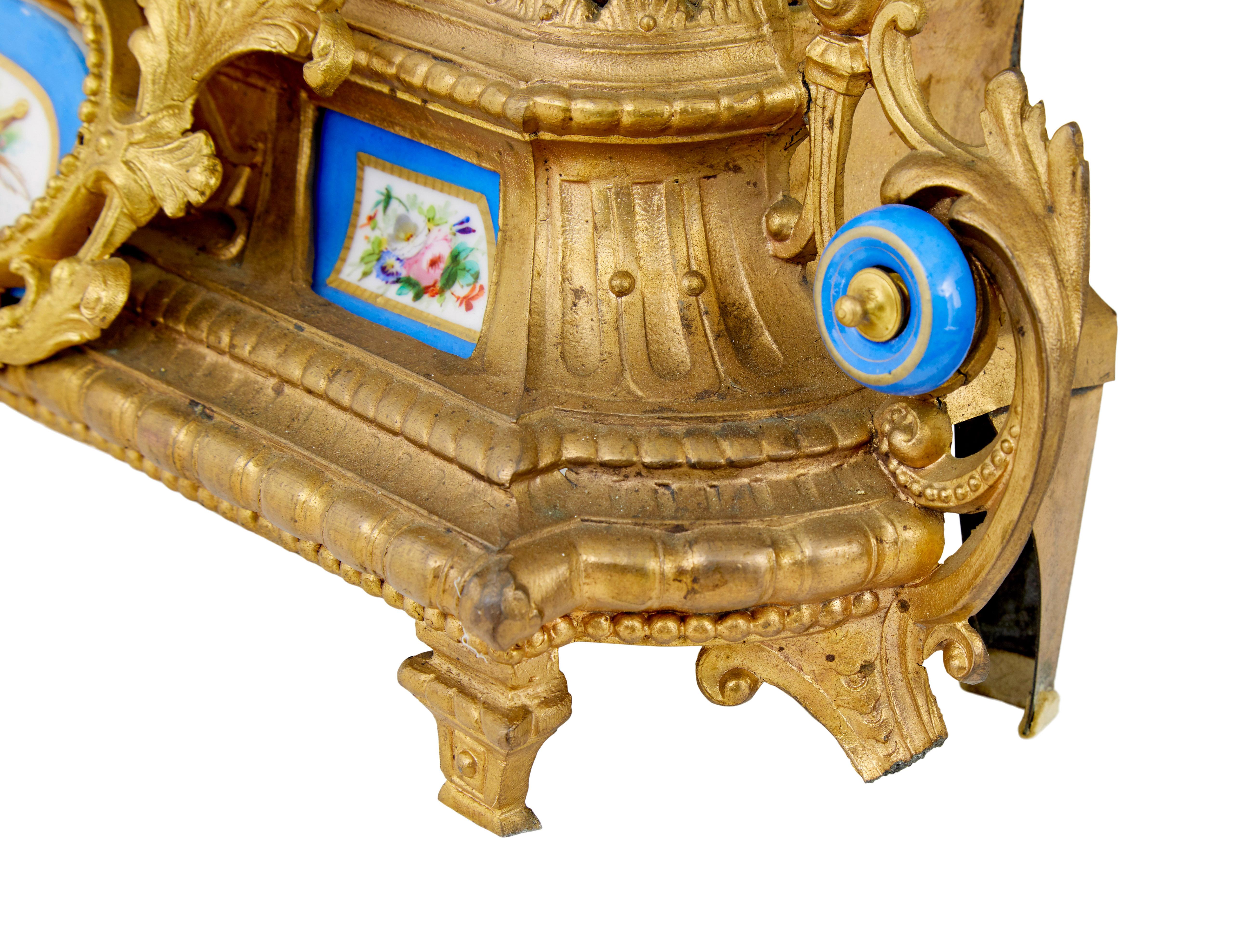 19th Century French gilt mantle clock with sevres plaques In Good Condition For Sale In Debenham, Suffolk