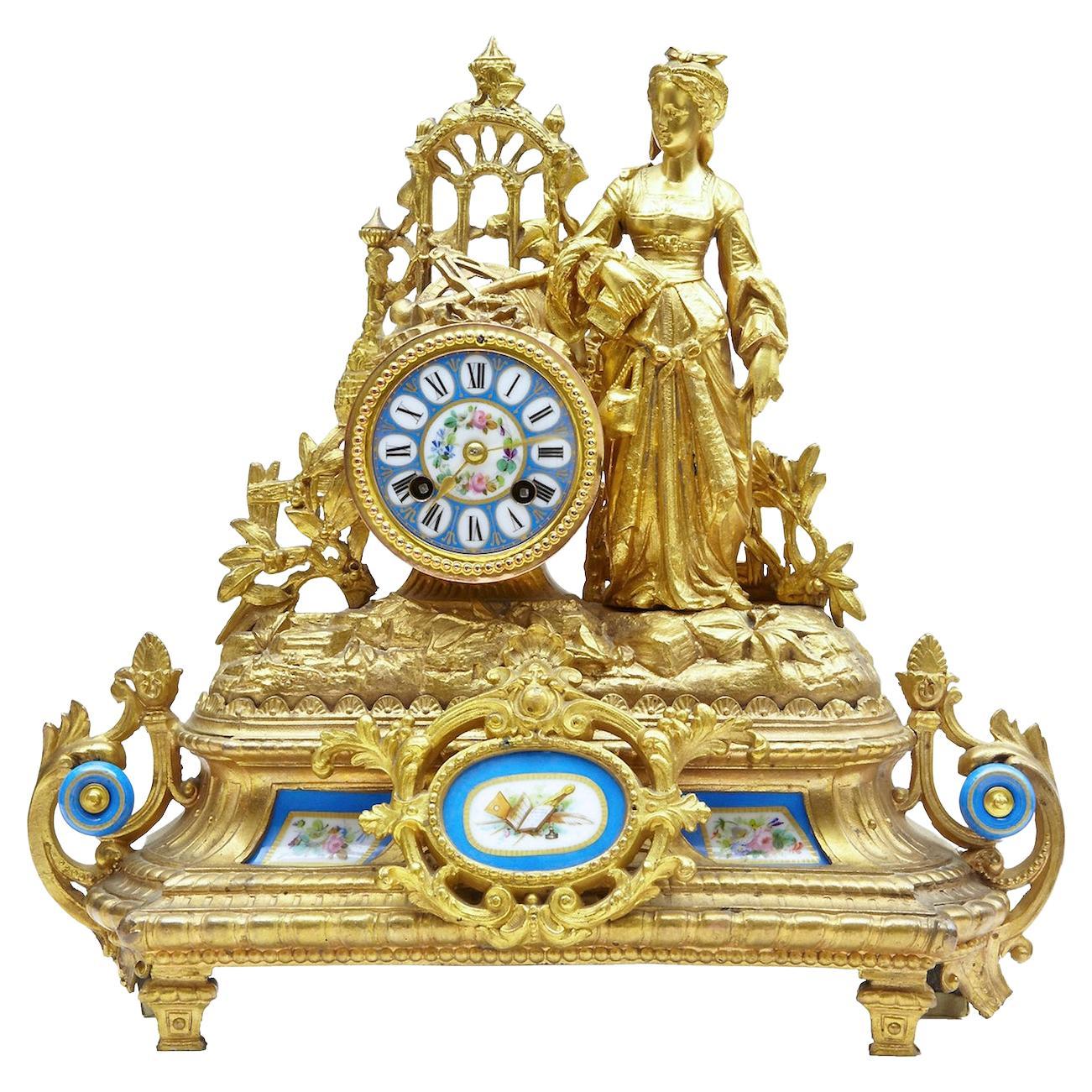 19th Century French Gilt Mantle Clock with Sevres Plaques
