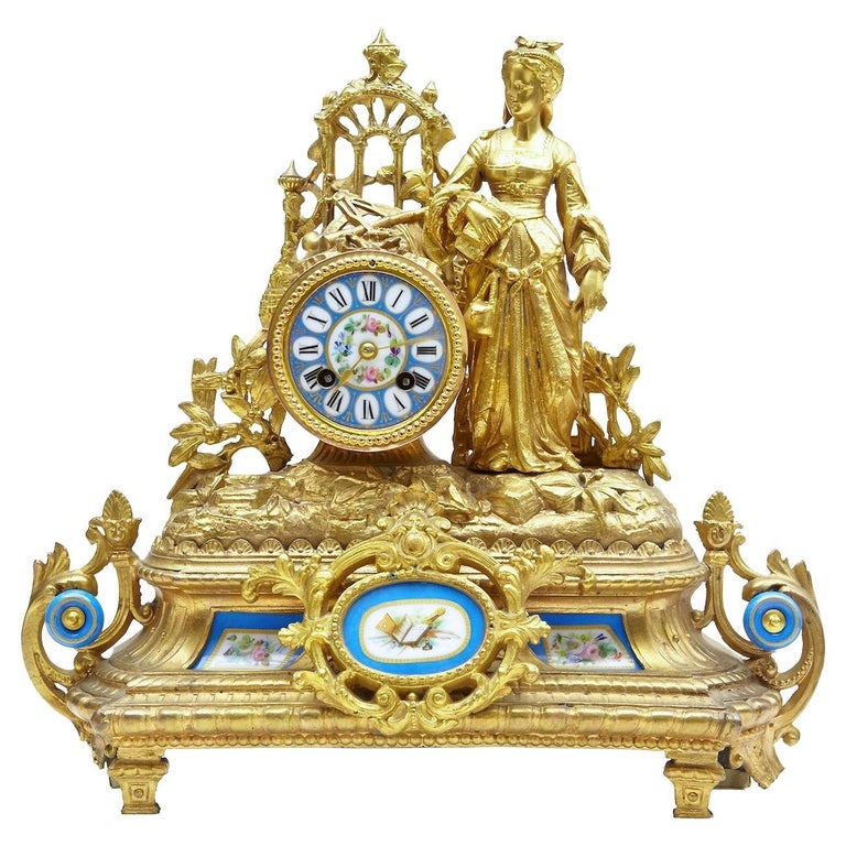 19th Century French Gilt Mantle Clock with Sevres Plaques For Sale at ...