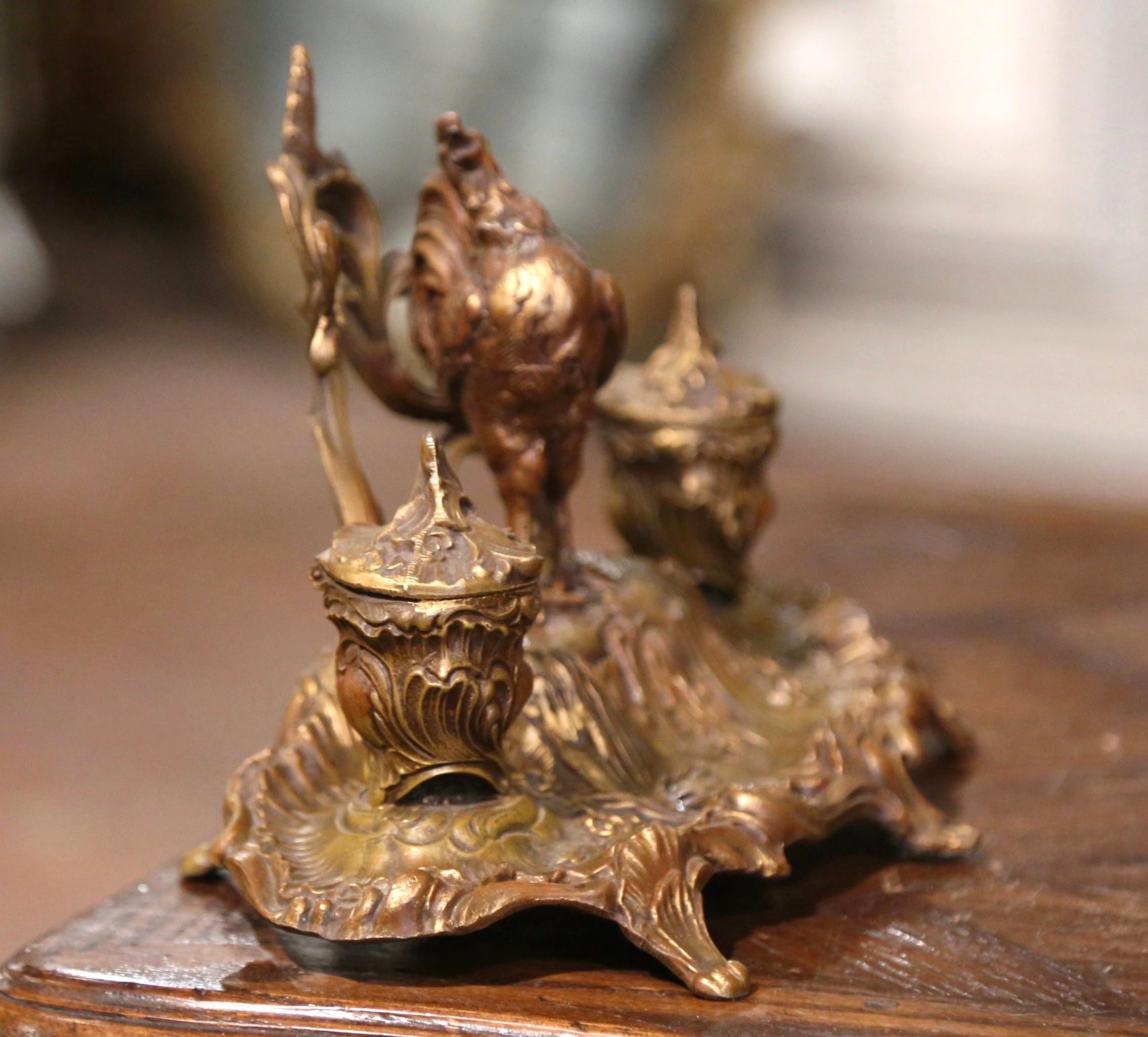 19th Century French Gilt Spelter Inkwell with Rooster Sculpture Signed A. Bossu For Sale 5
