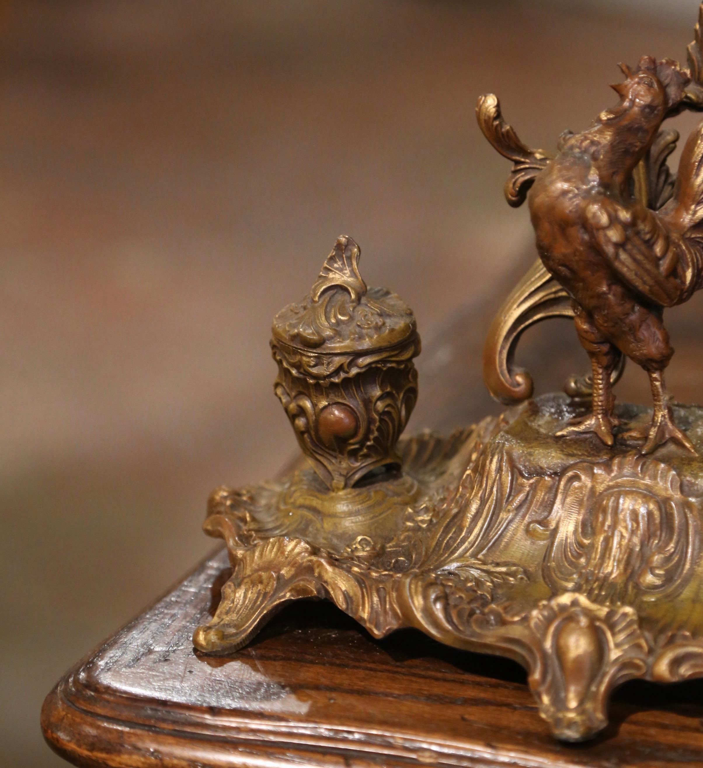 Louis XV 19th Century French Gilt Spelter Inkwell with Rooster Sculpture Signed A. Bossu For Sale
