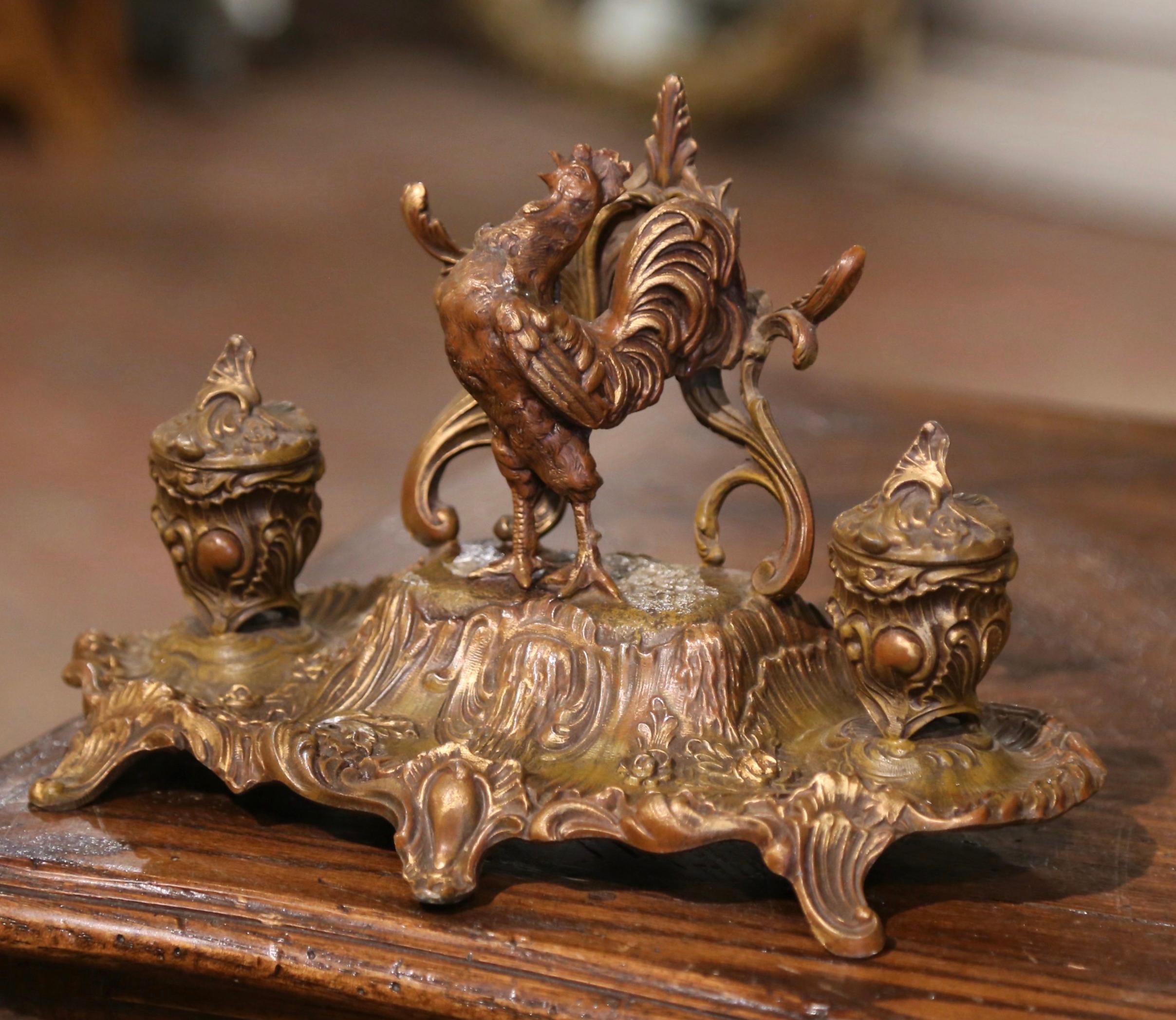 19th Century French Gilt Spelter Inkwell with Rooster Sculpture Signed A. Bossu For Sale 1