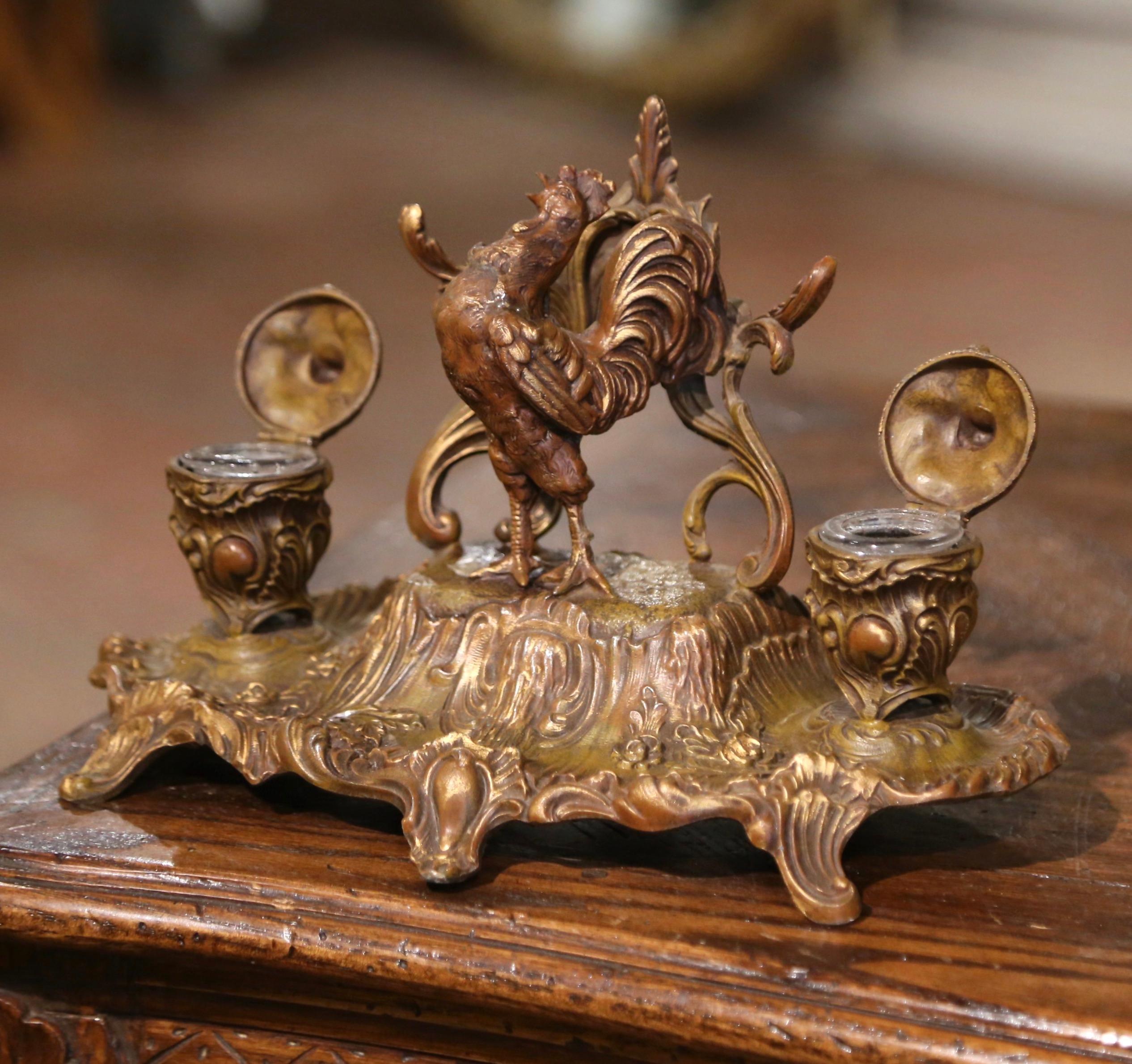 19th Century French Gilt Spelter Inkwell with Rooster Sculpture Signed A. Bossu For Sale 2