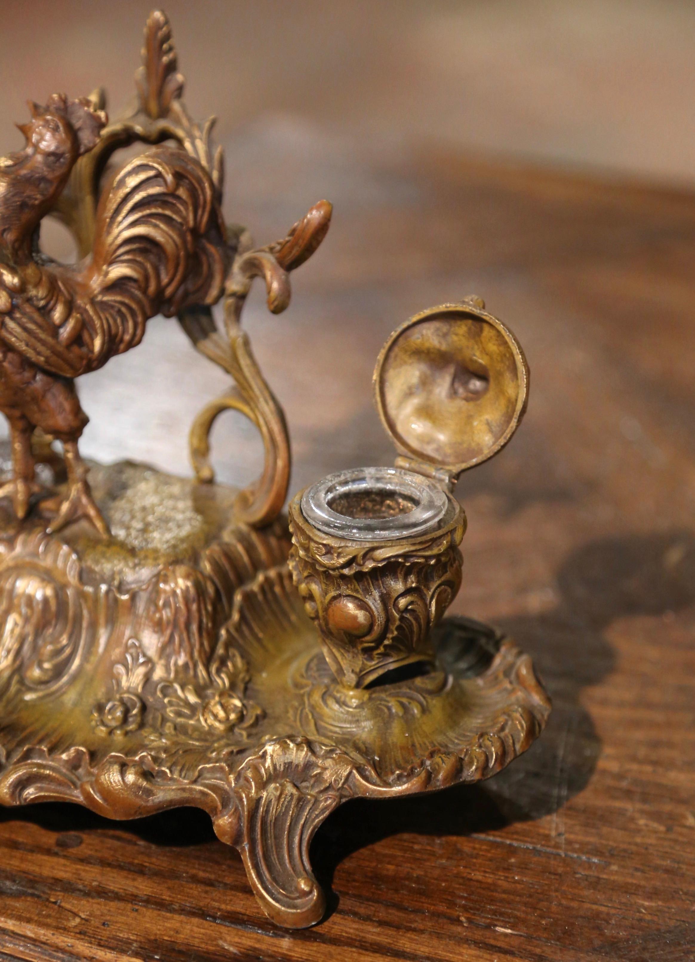 19th Century French Gilt Spelter Inkwell with Rooster Sculpture Signed A. Bossu For Sale 4