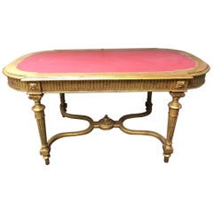 19th Century French Giltwood Console Table with Leather Top, 1890s