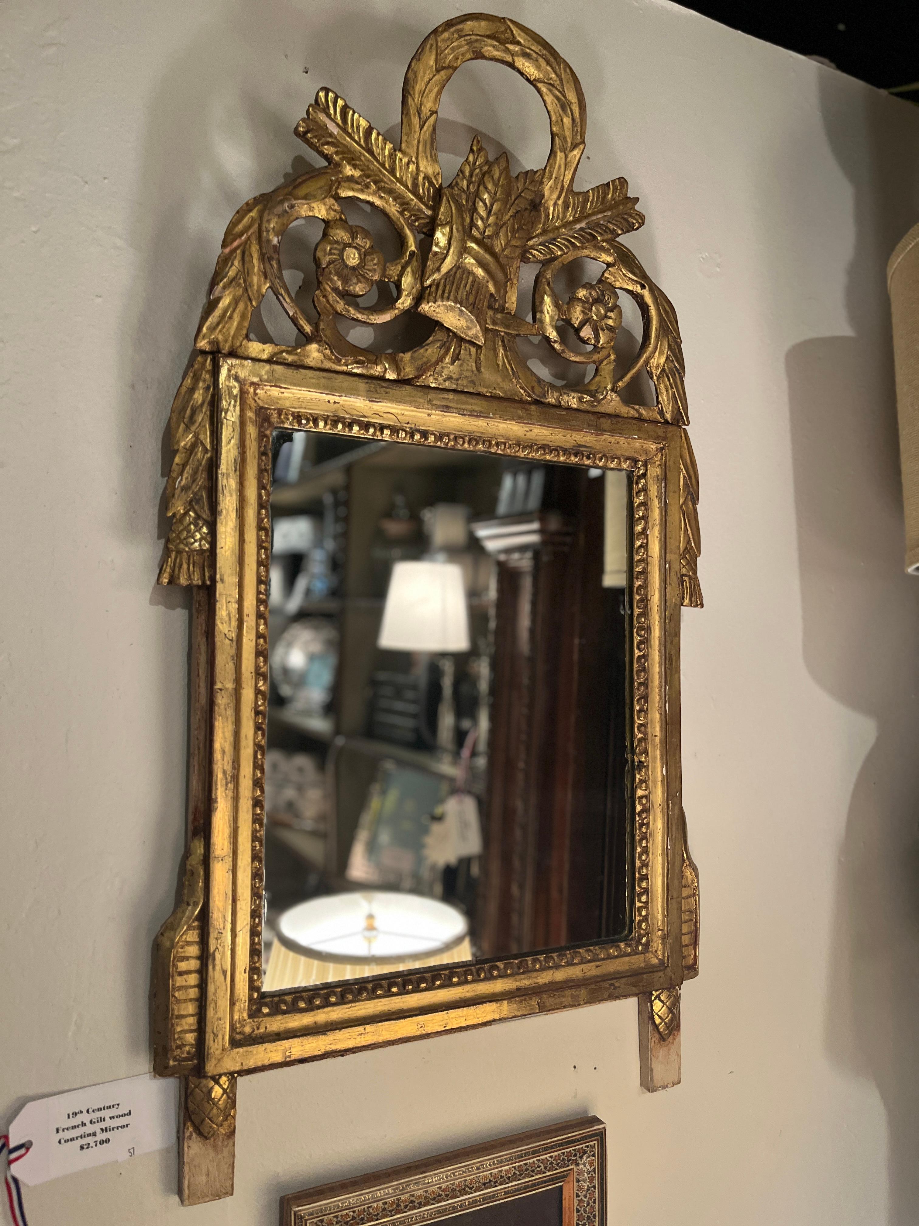 Hardwood 19th Century French Gilt Wood Courting Mirror For Sale