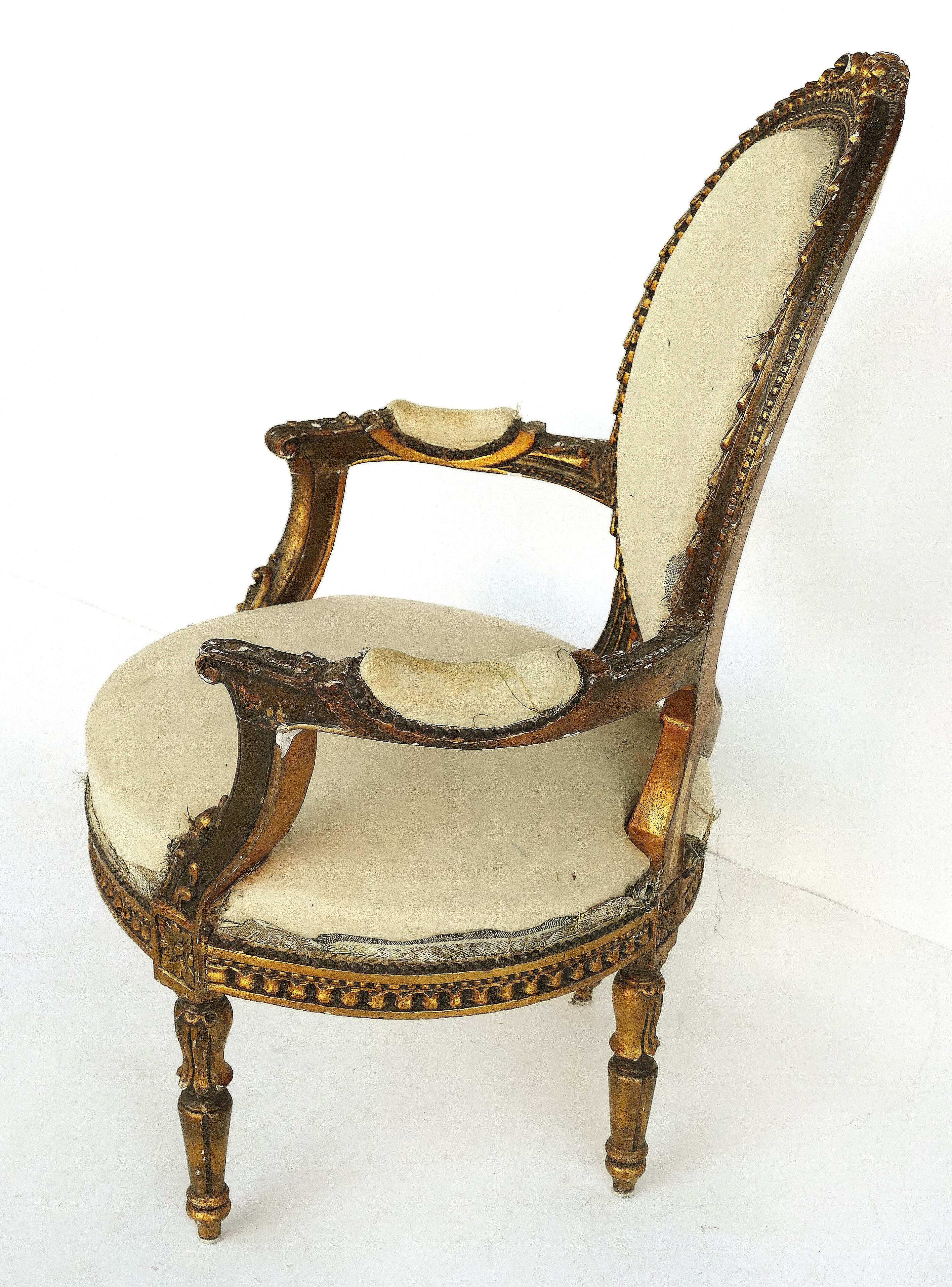 Louis XVI 19th Century French Giltwood Fauteuil Armchairs, Pair For Sale