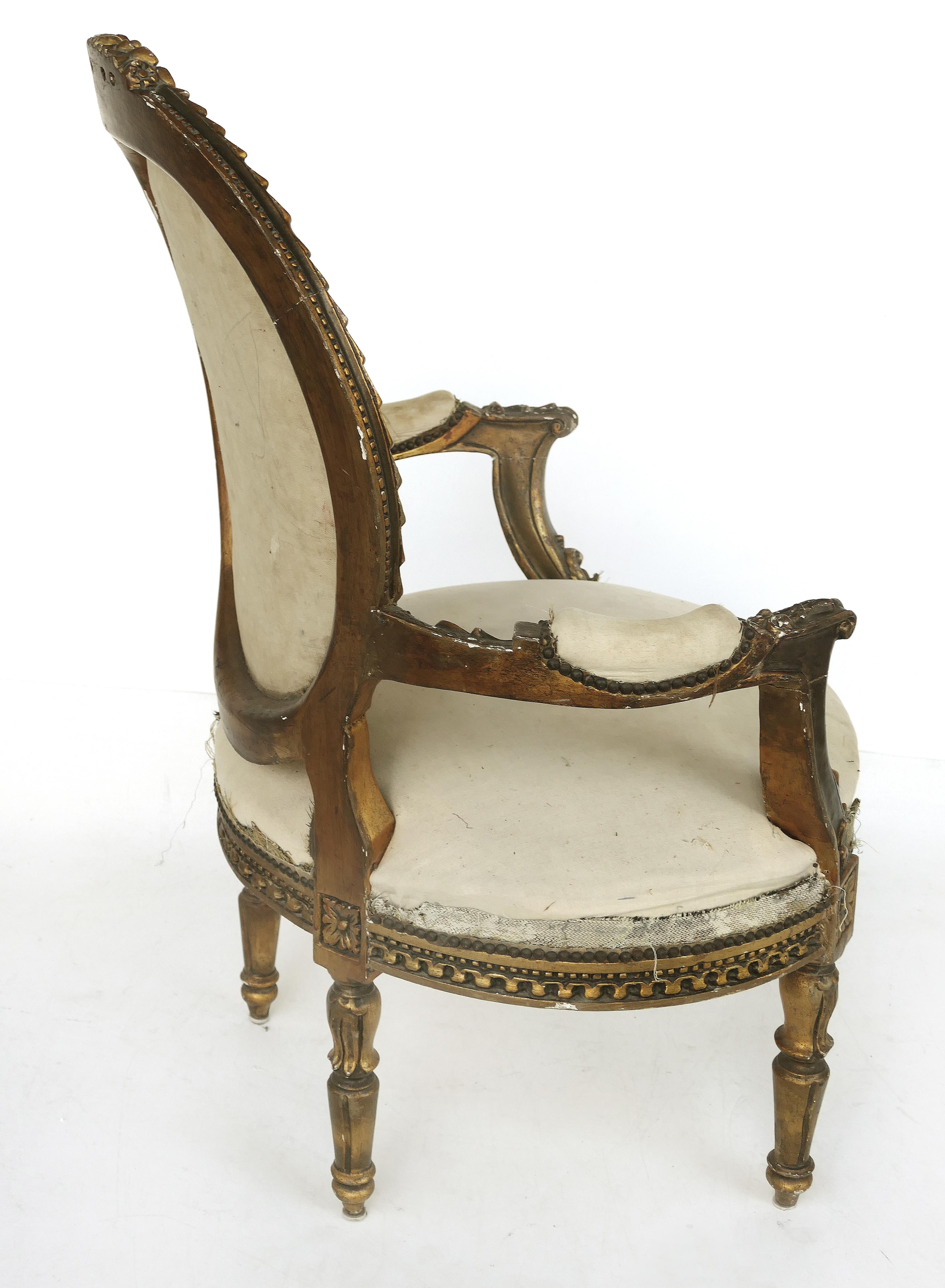 19th Century French Giltwood Fauteuil Armchairs, Pair In Distressed Condition For Sale In Miami, FL