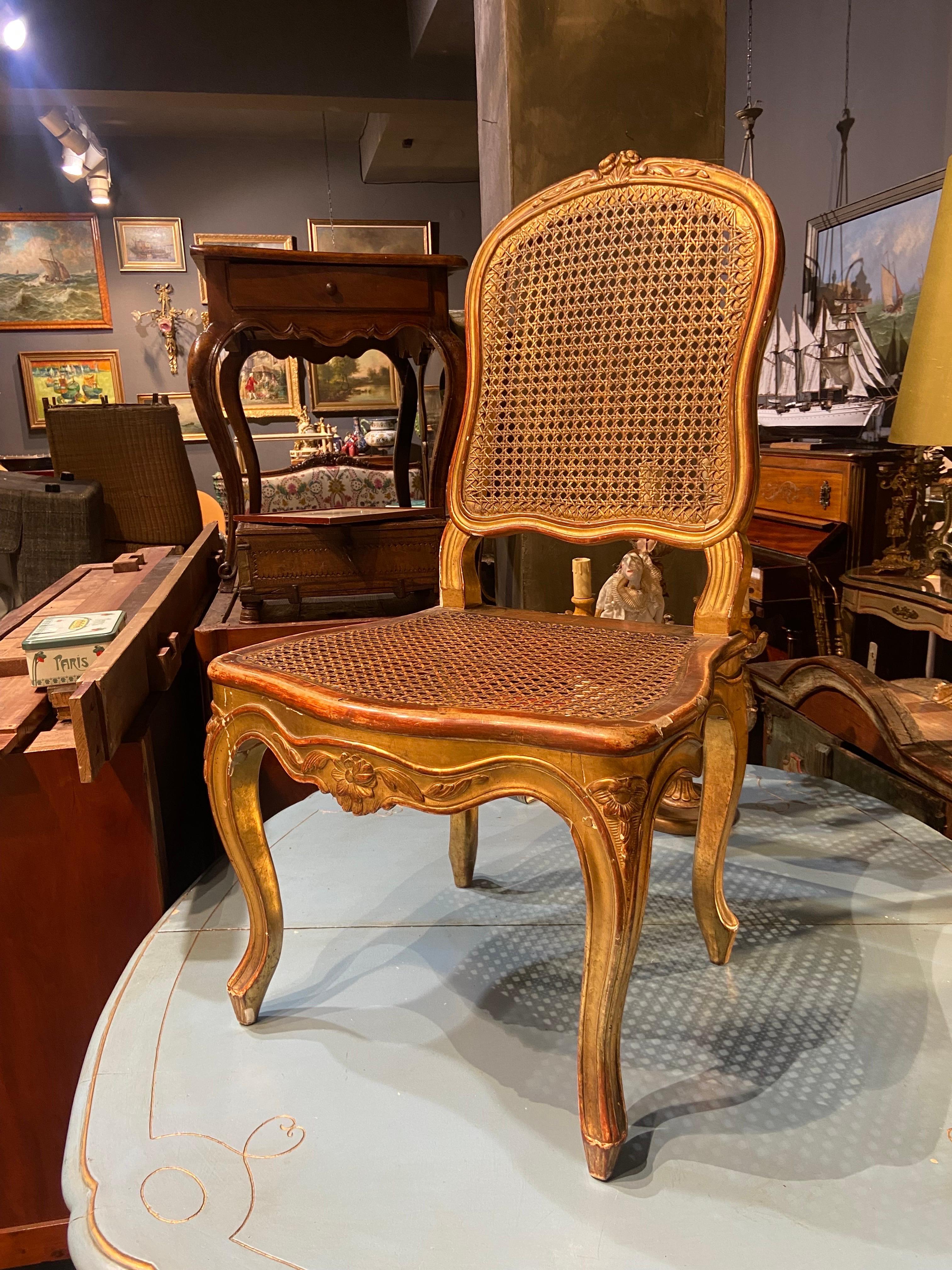 Hand-Carved 19th Century French Gilt Wood Hand Carved Cane Chairs in Louis XV Style For Sale