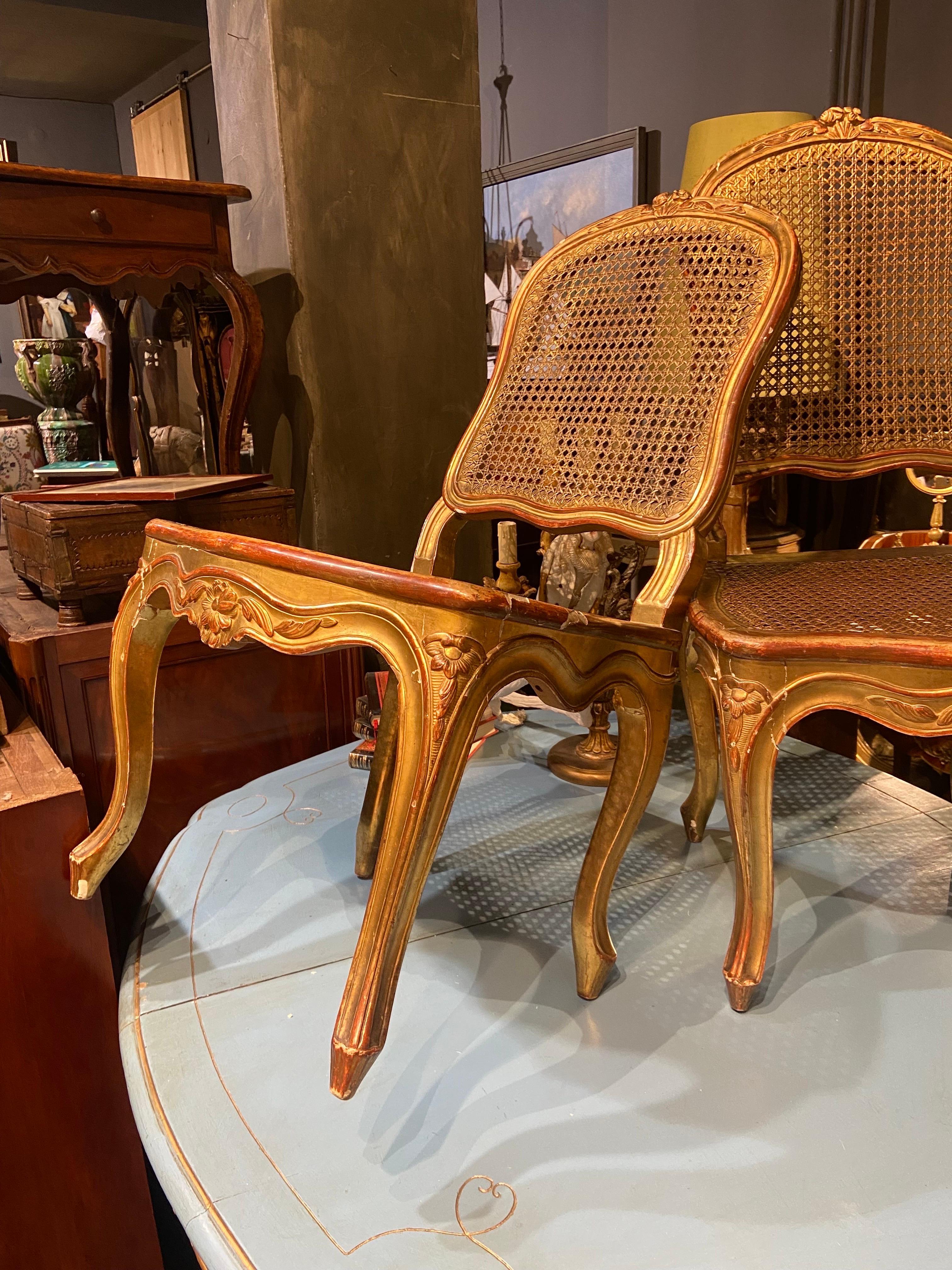 19th Century French Gilt Wood Hand Carved Cane Chairs in Louis XV Style For Sale 2