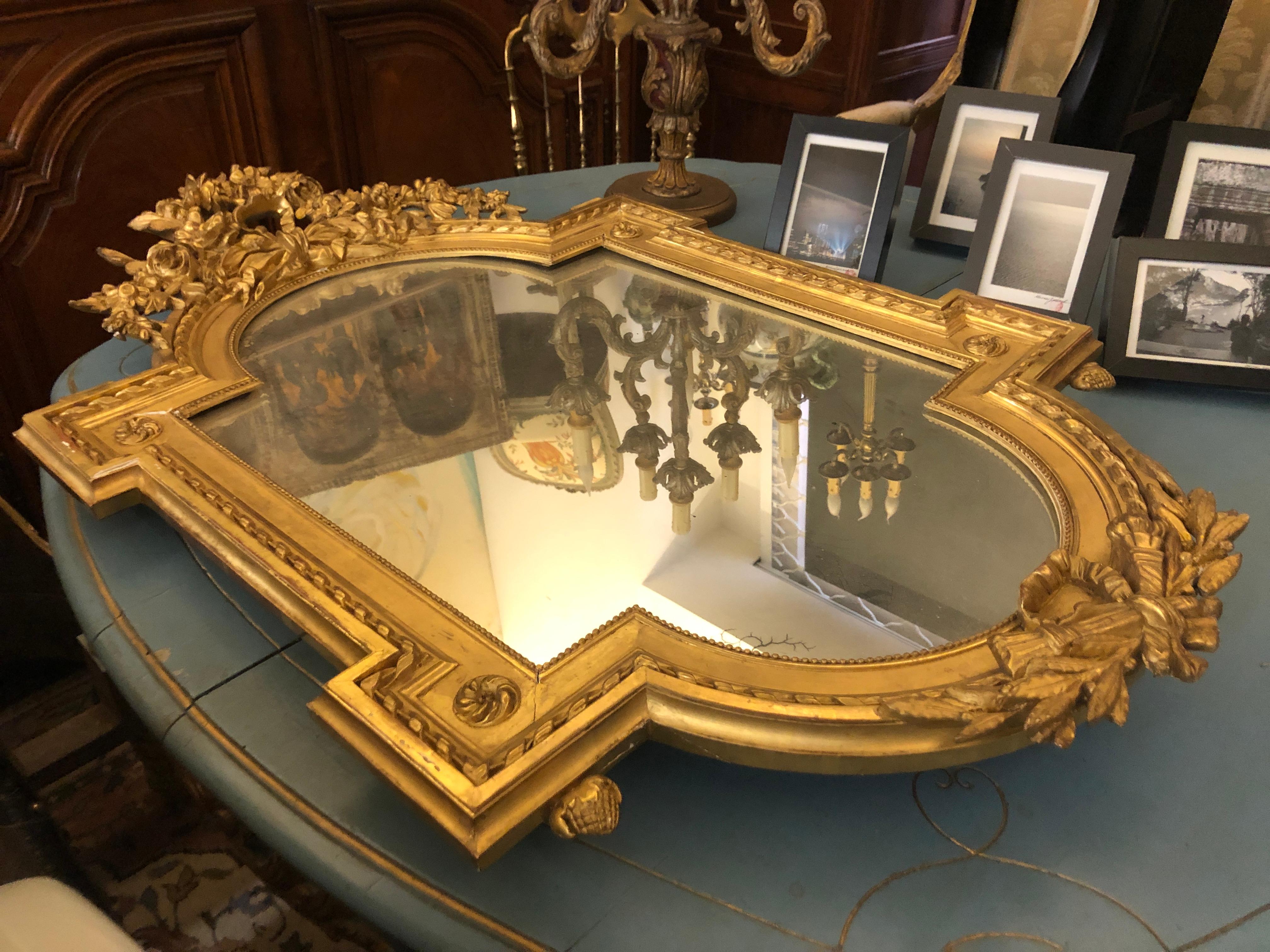 Hand-Carved 19th Century French Gilt Wood Miroir Signed by Bertrand Montluçon, Louis XVI For Sale