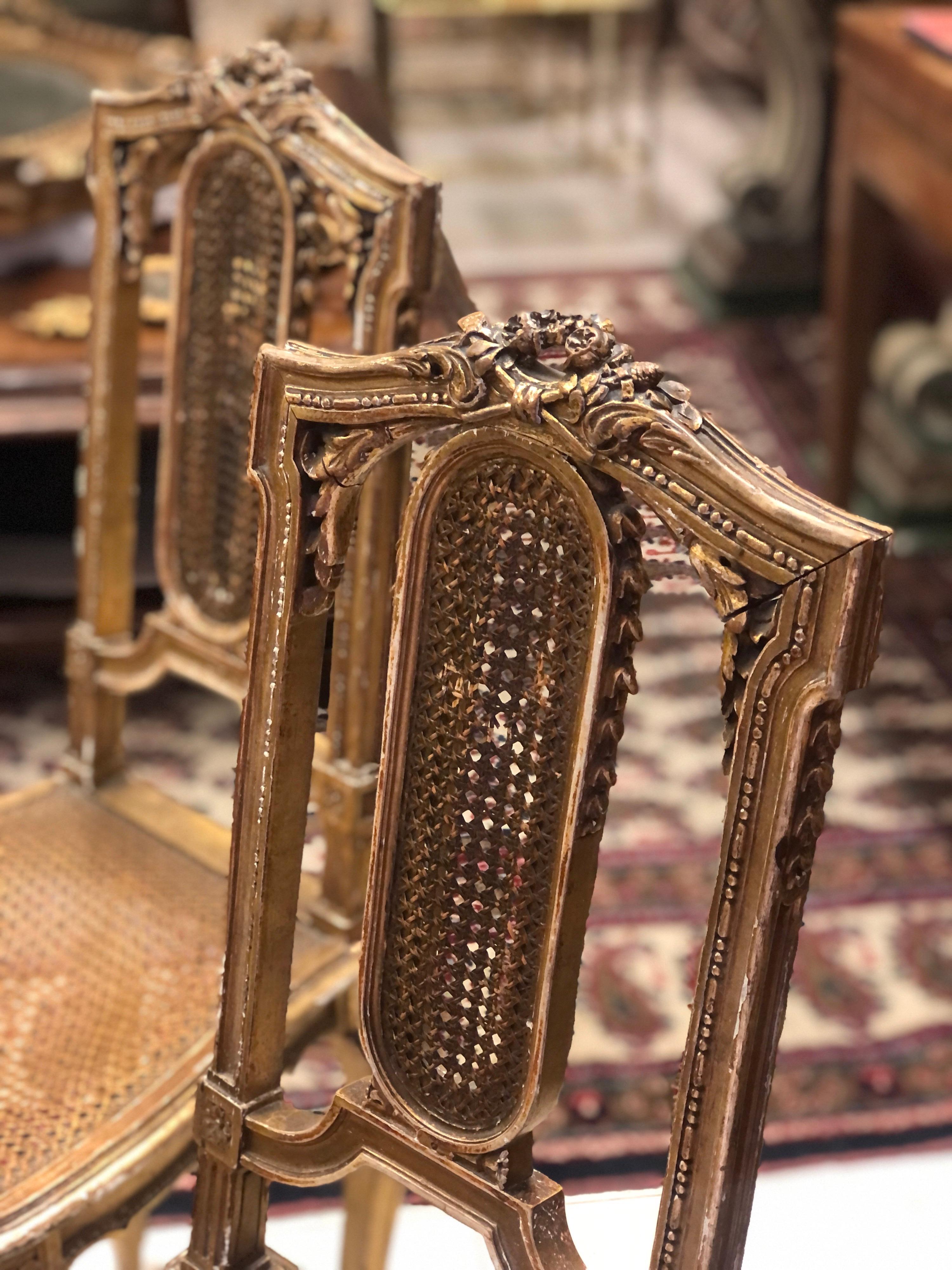 Elegant gilt wood chairs with rich floral decoration resting on curved legs in Louis XVI style.
France, circa 1890.