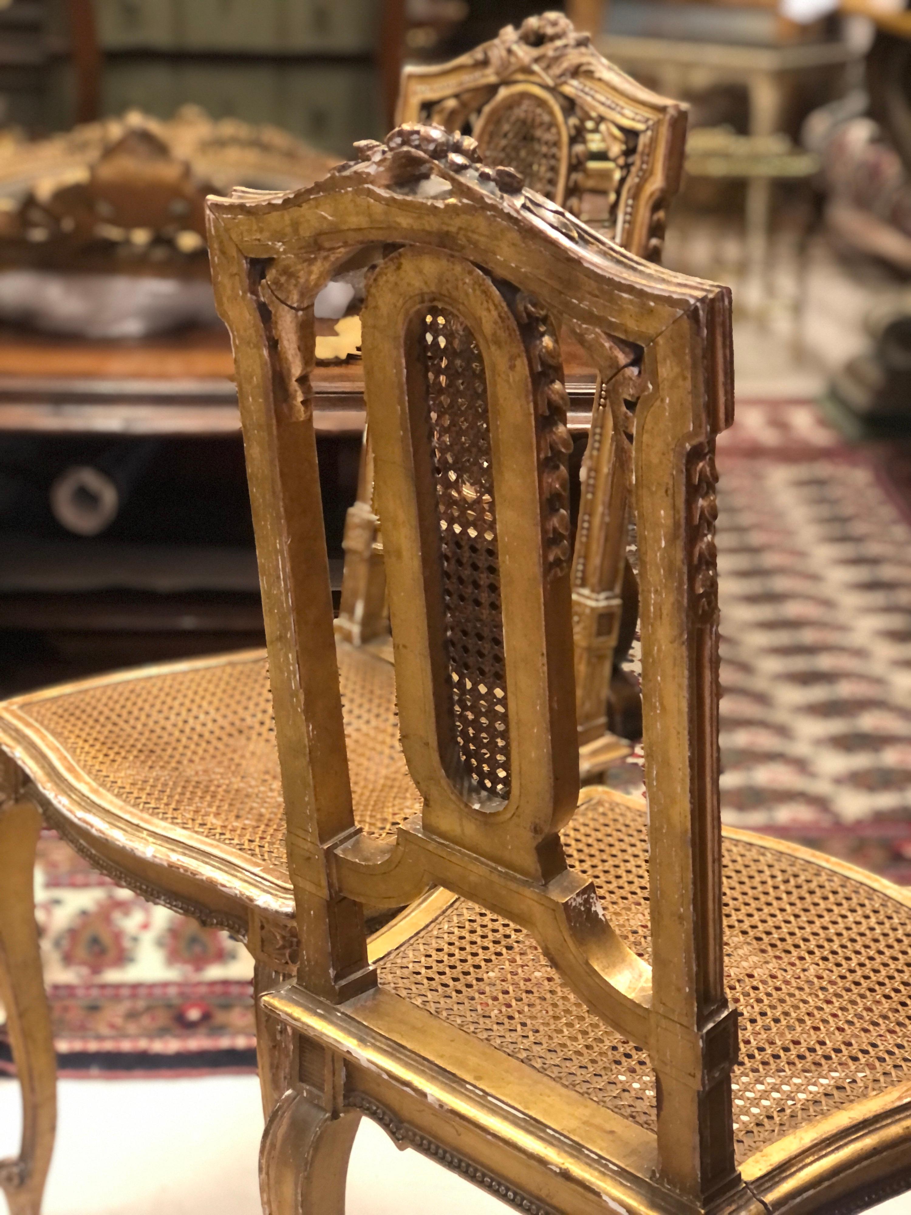 Hand-Carved 19th Century French Gilt Wood Side Chairs Decorated in Louis XVI Style For Sale