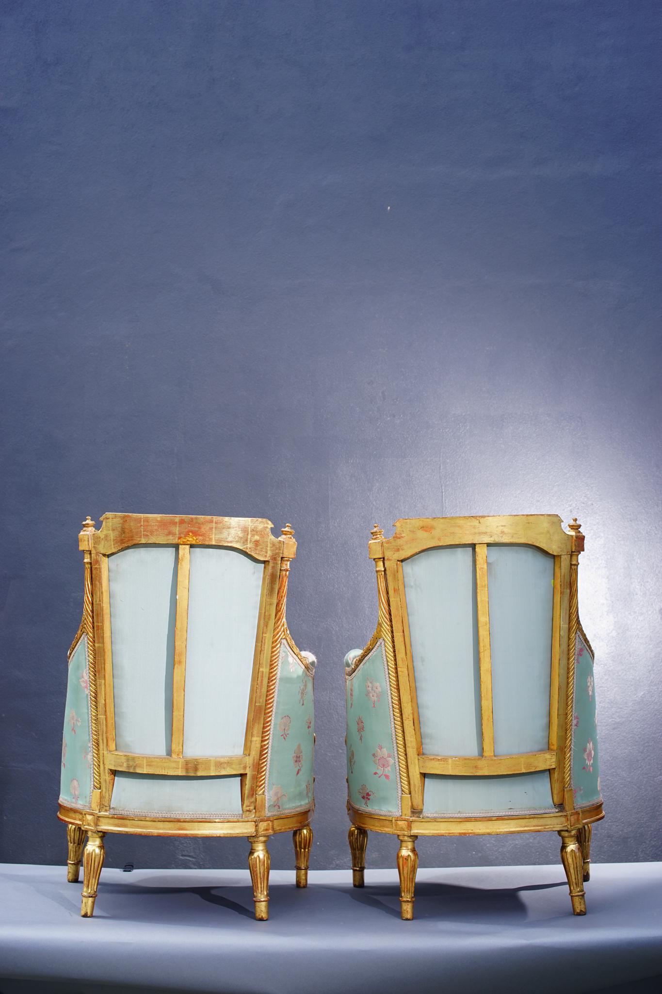 Silk 19th Century French Giltwood Armchairs For Sale
