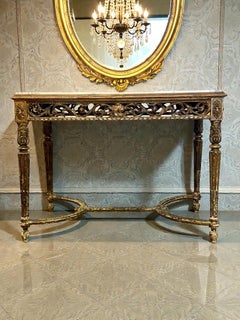 19th Century French Giltwood Center Table with Carved Apron and Marble Top