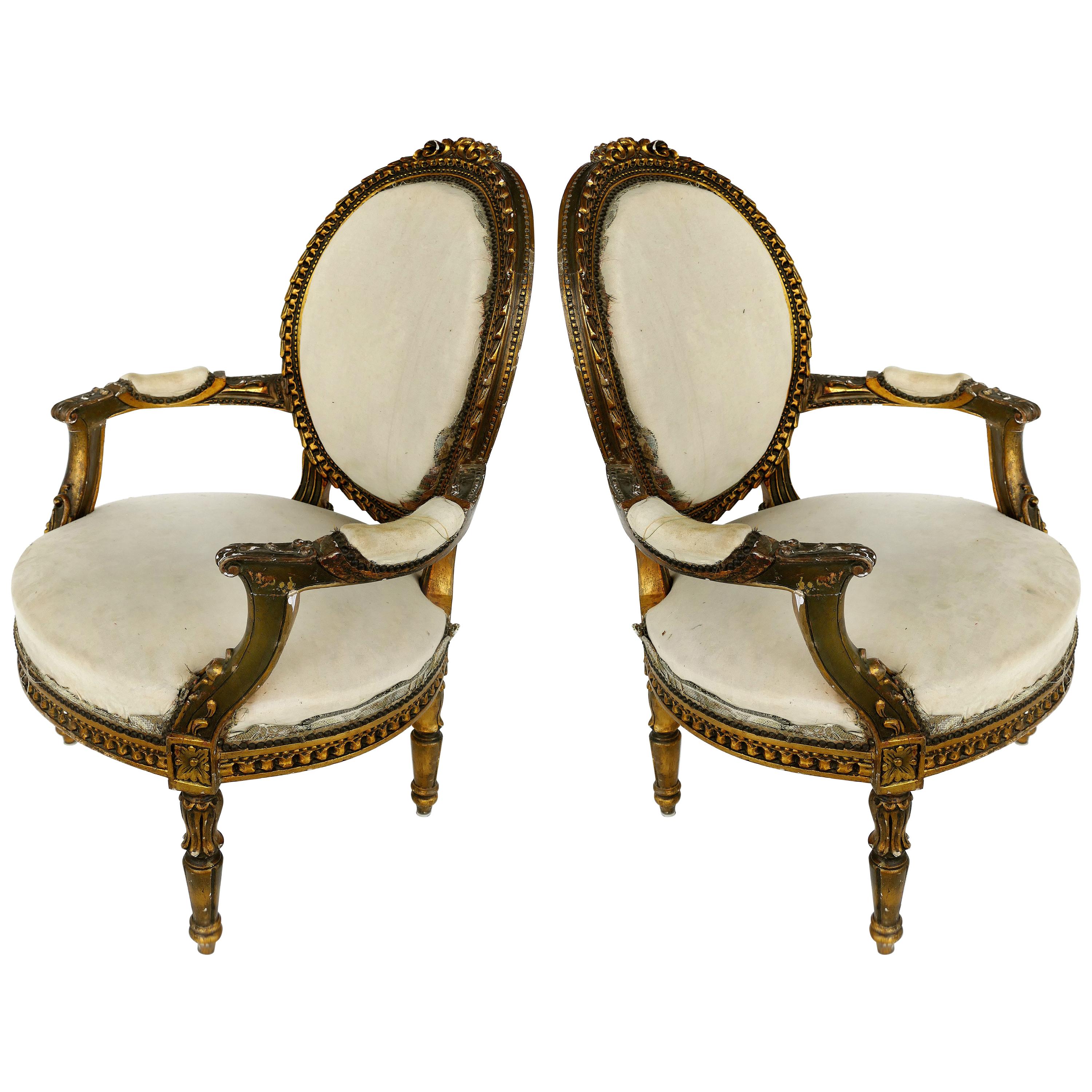 19th Century French Giltwood Fauteuil Armchairs, Pair
