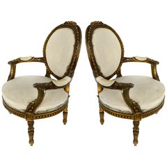 Antique 19th Century French Giltwood Fauteuil Armchairs, Pair