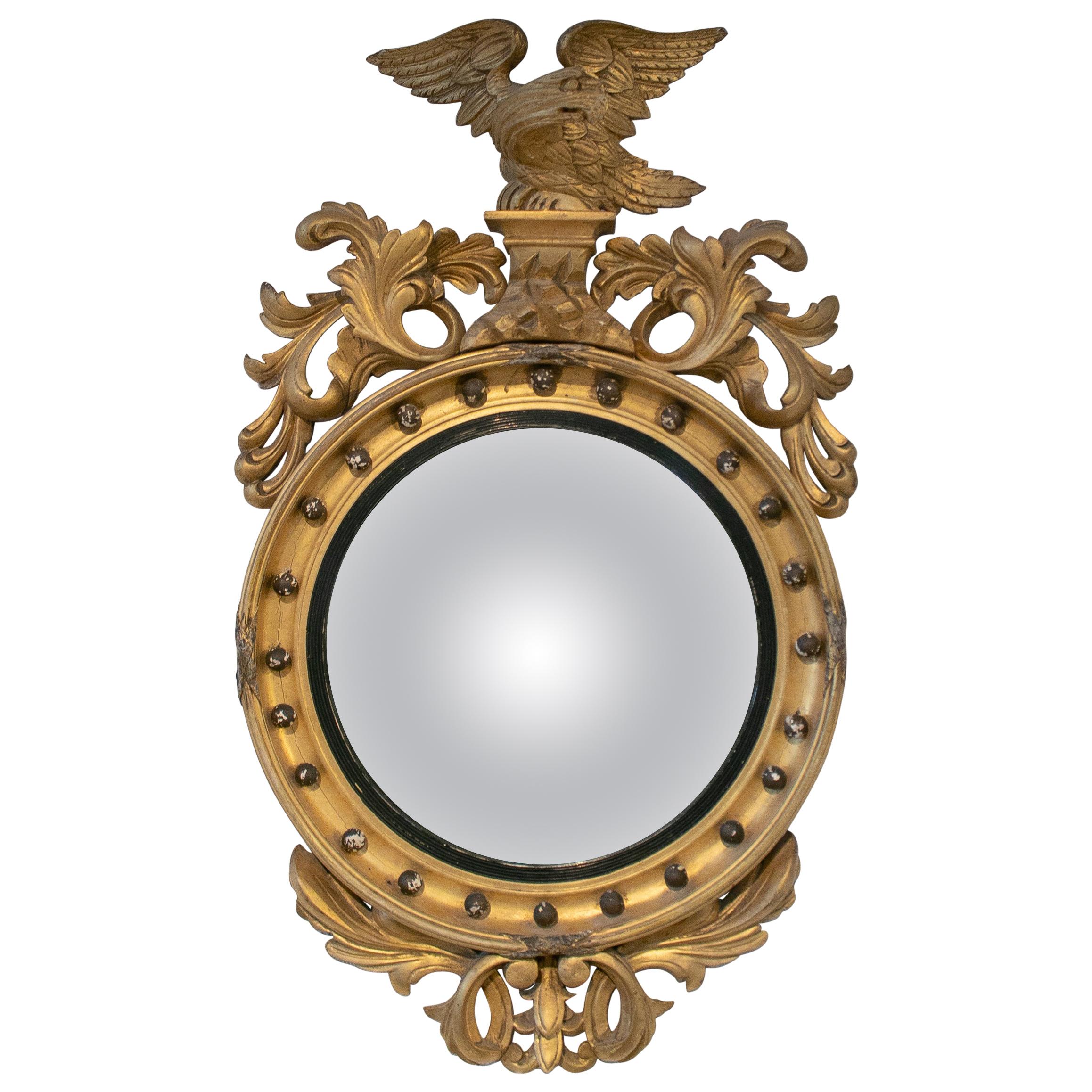 19th Century French Giltwood Framed Convex Mirror Crowned with Eagle