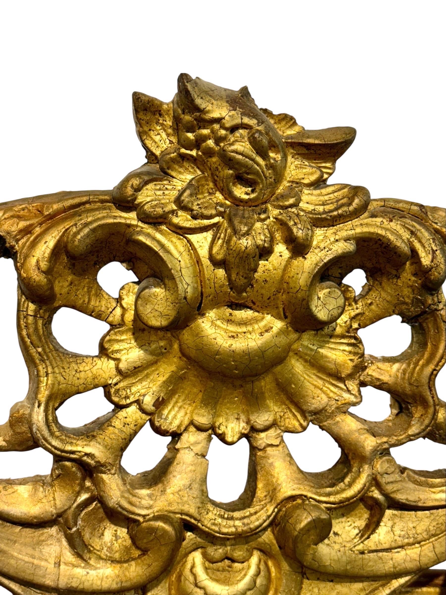 Ce miroir français en bois doré du XIXe siècle est un exemple élégant d'artisanat raffiné. Le cadre arqué est richement décoré de guirlandes florales, de feuilles d'acanthe enroulées et d'une crête finement percée présentant un motif central de