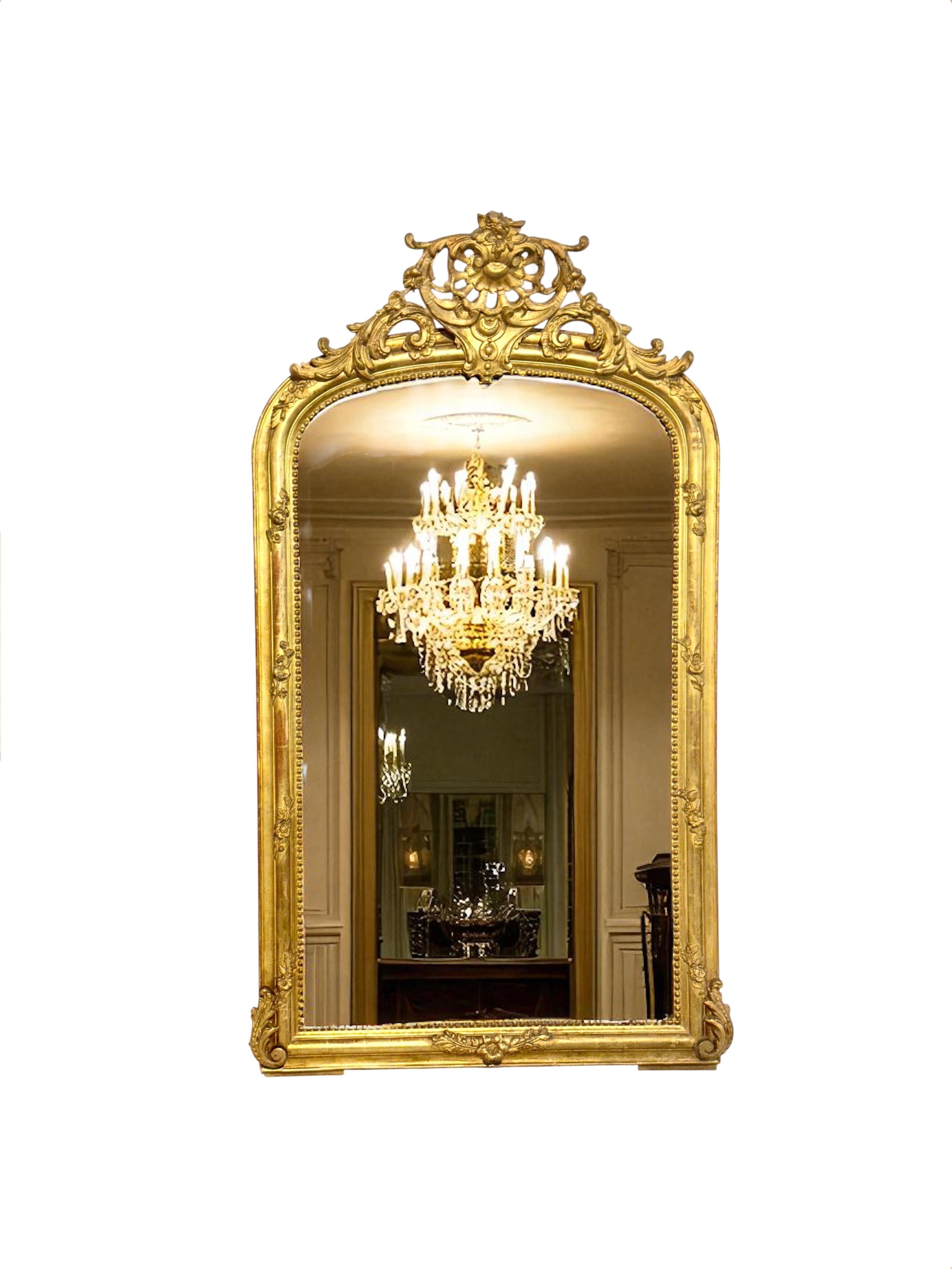 Hand-Carved 19th Century Large French Giltwood Mirror with Ornate Crest For Sale