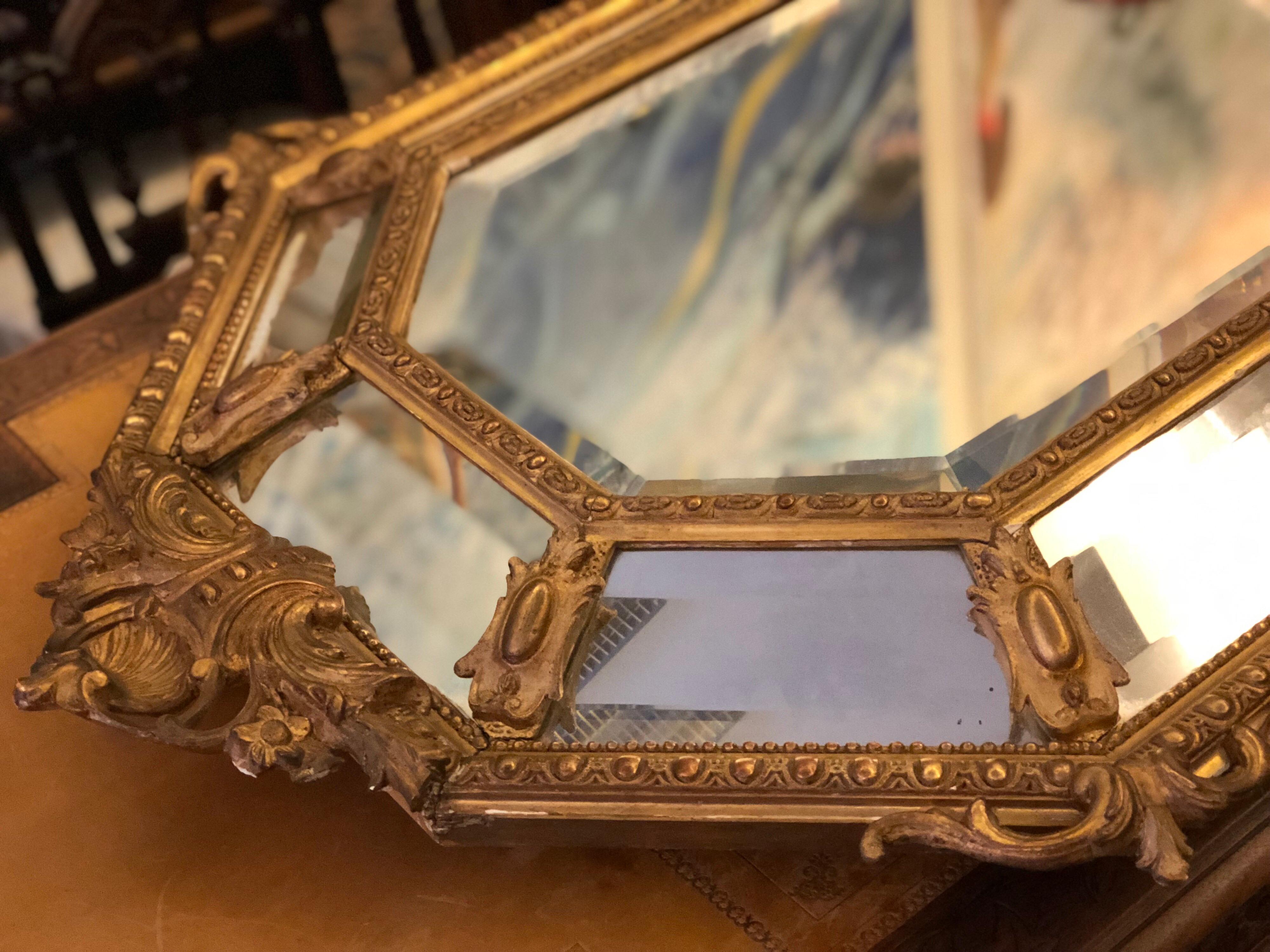 19th Century French Giltwood Octagonal Mirror in Louis XIV Style For Sale 1