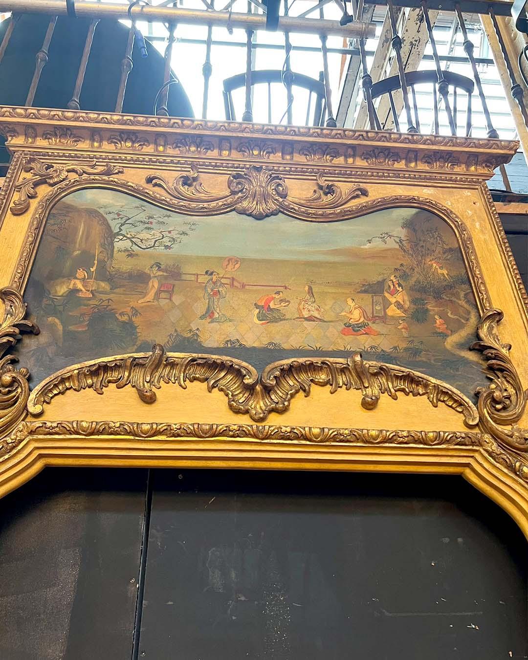 Fine XIX secolo Porta in legno dorato francese del XIX secolo con dipinto a olio, stile Luigi XV in vendita