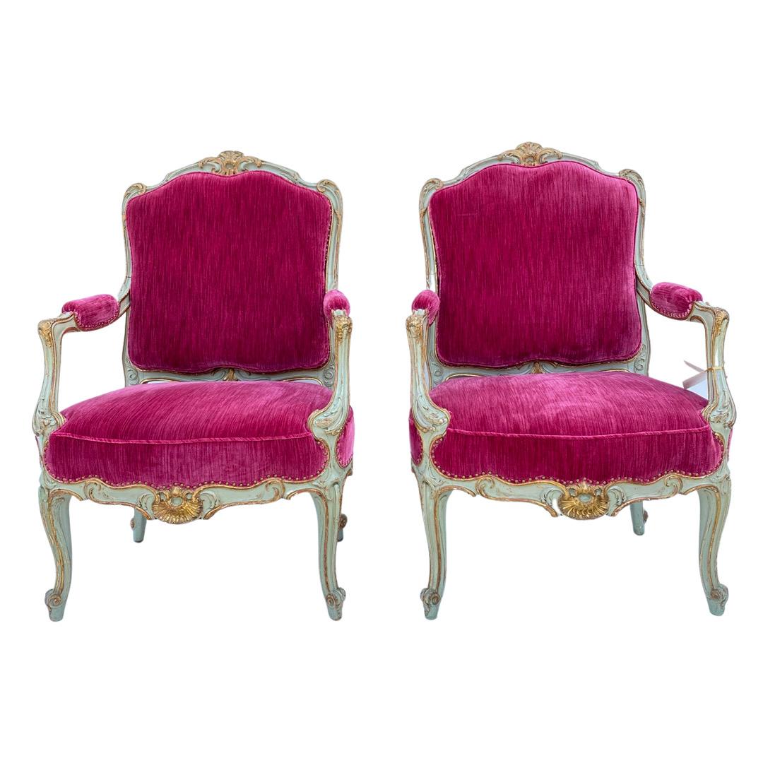 Hand-Carved 19th Century French Giltwood & Painted Armchairs For Sale