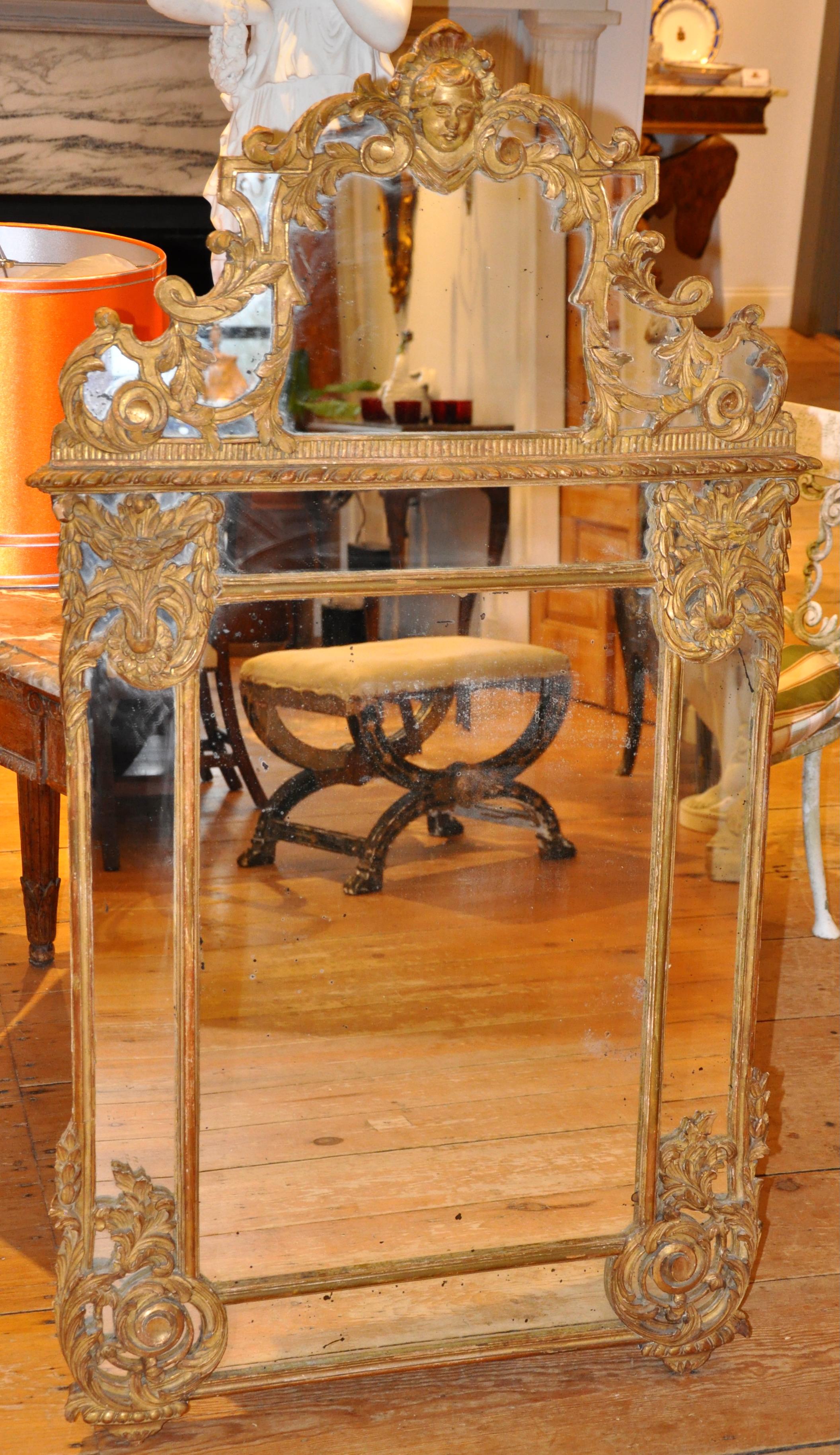 Geschnitzter und vergoldeter Spiegel im Regence-Stil mit Blattmotiv und gekröntem Gesicht

Originalglas und Vergoldung.