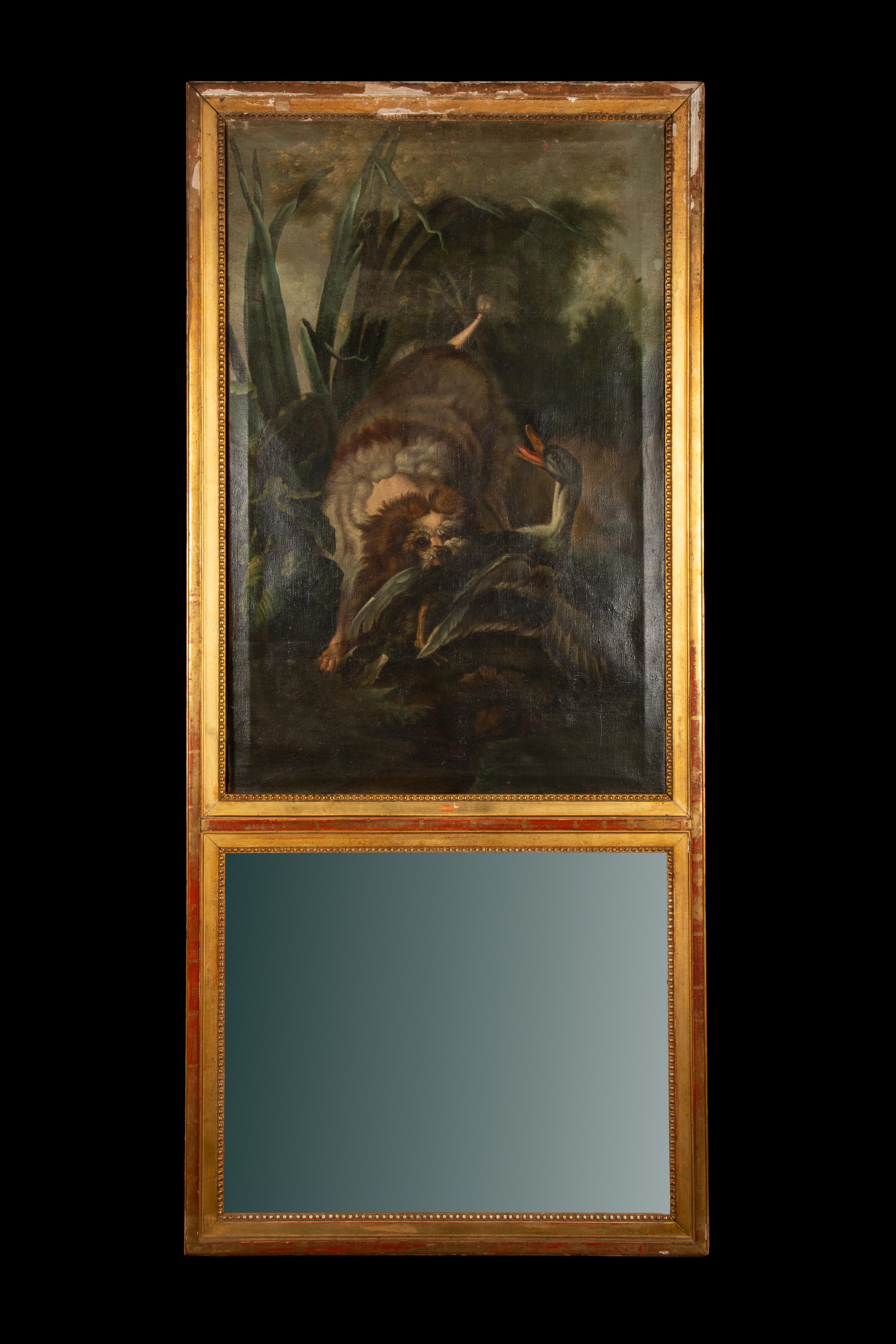 Français Miroir Trumeau français du 19e siècle en bois doré avec scène de chasse peinte à la main en vente