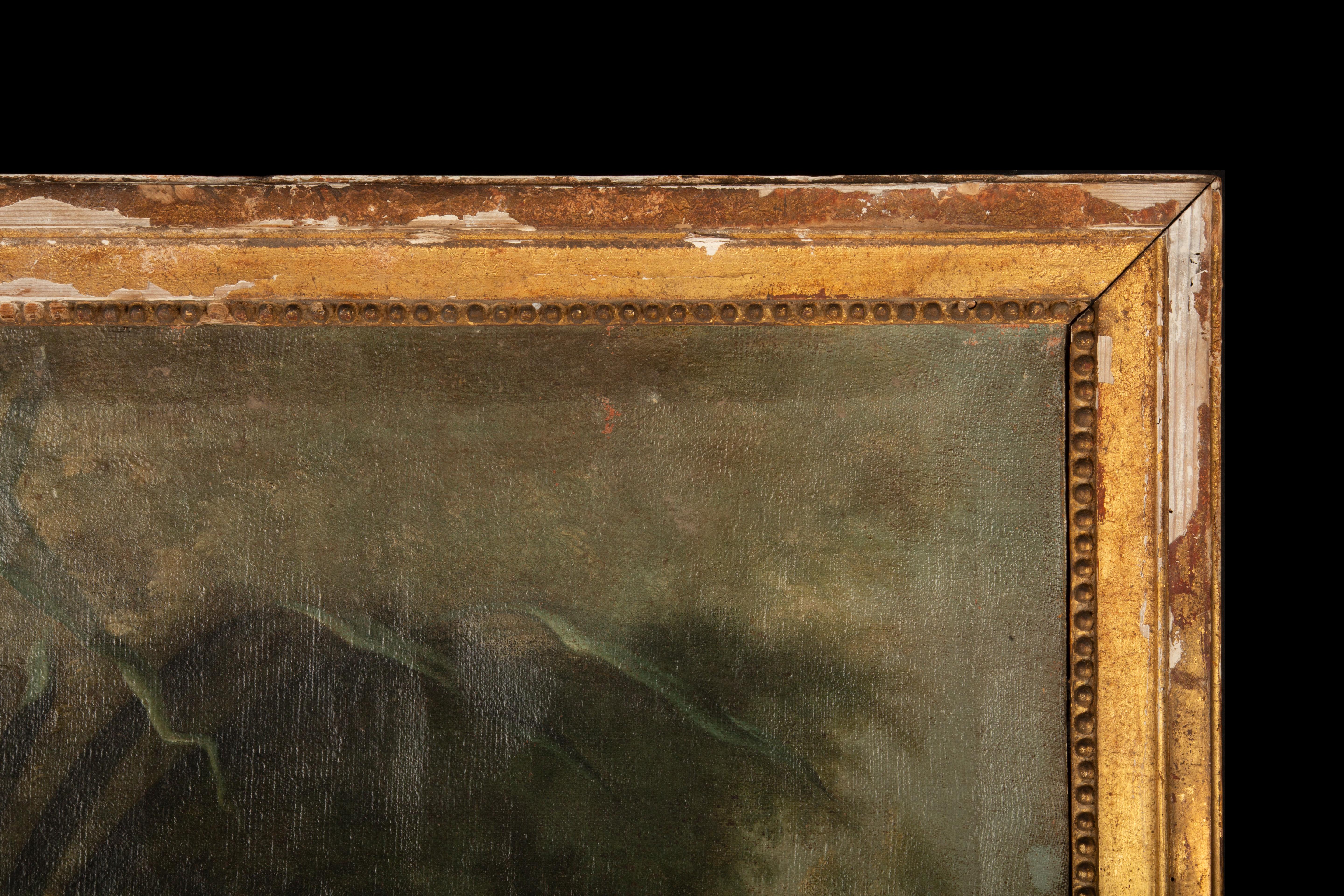 Doré Miroir Trumeau français du 19e siècle en bois doré avec scène de chasse peinte à la main en vente