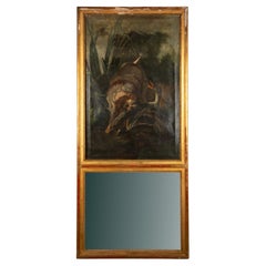 19th-Century French Giltwood Trumeau Mirror with Hand-Painted Hunting Scene